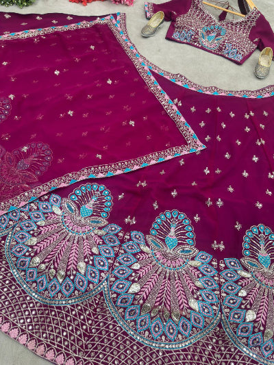 Royal Plum Georgette Embroidered Sequins Lehenga Choli Set for Women - Indian Bridal Wear, Wedding Party Outfit, Festive Occasion & Cultural Celebration