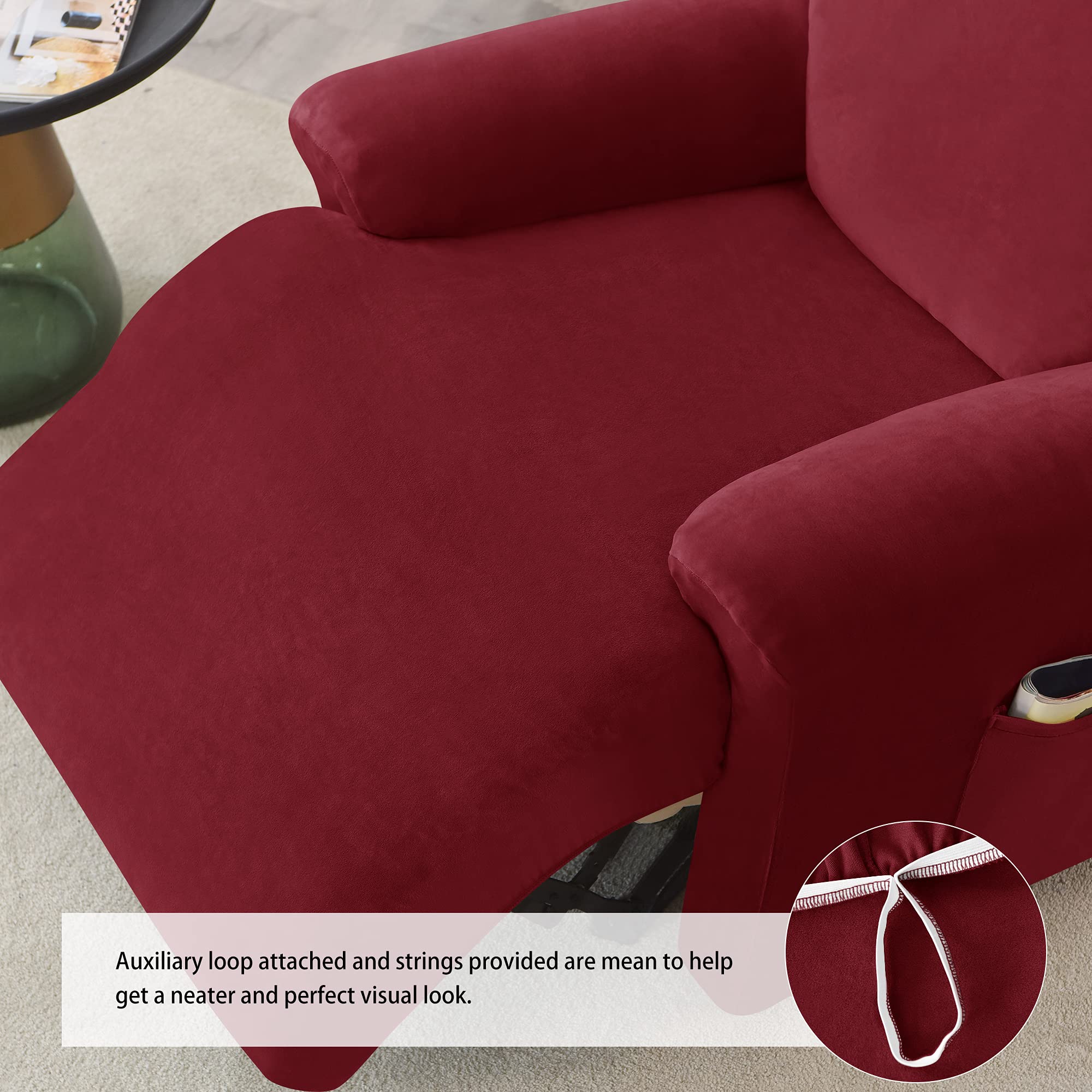 4-Piece Stretch Velvet Recliner Cover with Side Pockets - Anti-Slip Furniture Protector for Reclining Sofa & Chair - Perfect for Living Room, Home Theater & Family Room Comfort