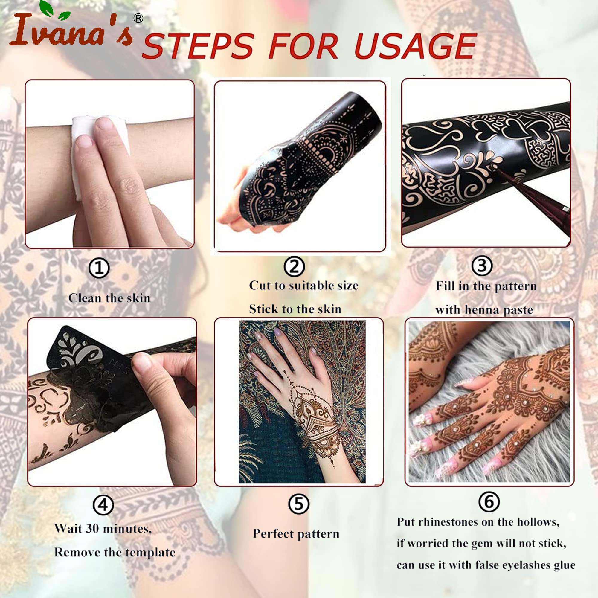 8 Pcs Henna Stencil Tattoo Kit - 2 Temporary Tattoo Stencils + 6 Reusable PVC Mehendi Stickers for Hands - Easy DIY Body Art for Women, Girls & Kids - Perfect for Weddings, Parties & Festivals (NIV-037)