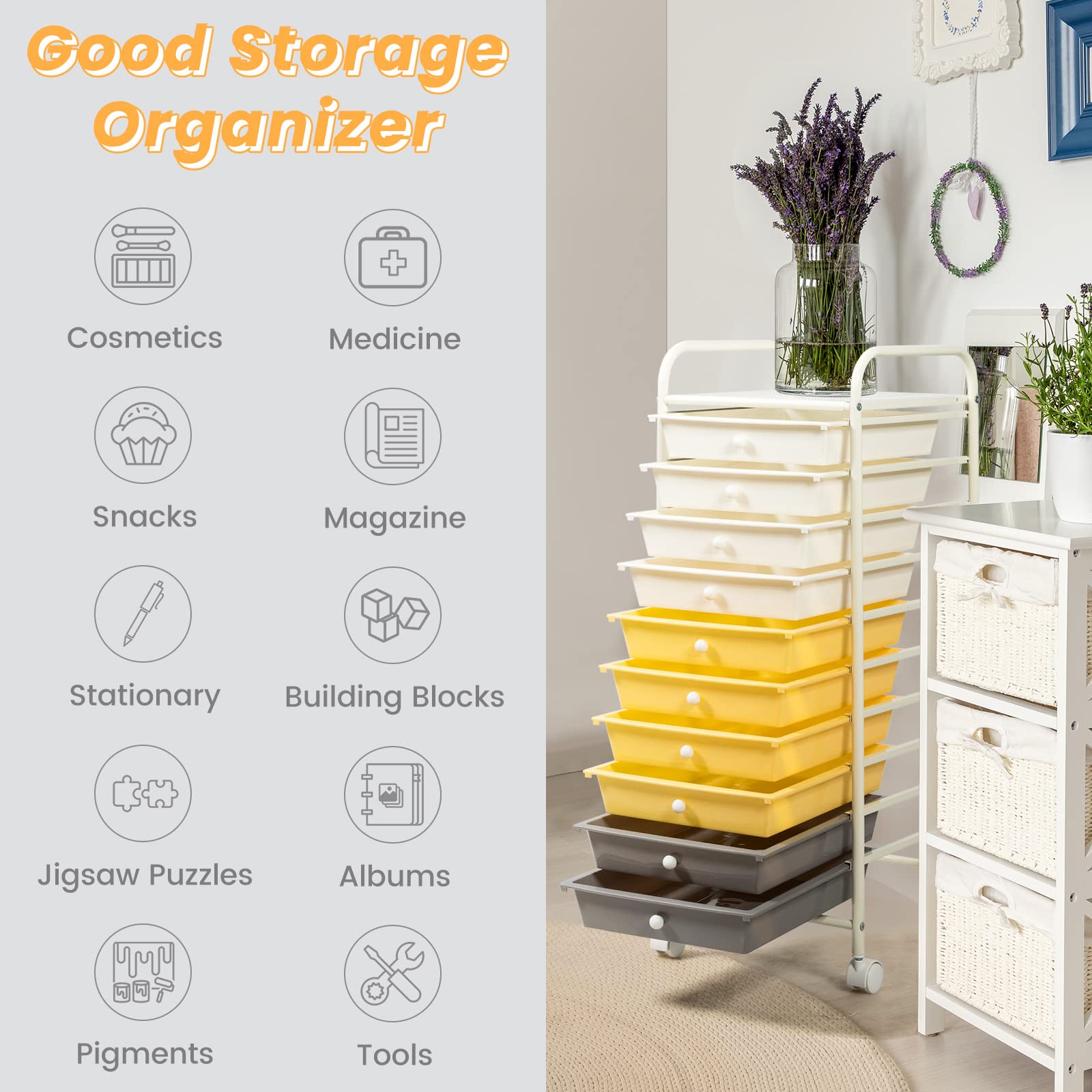 COSTWAY 10-Drawer Rolling Storage Cart with Removable Drawers, Universal Casters & 2 Brakes | Mobile Utility Trolley for Home Office Organization | Perfect for Craft Supplies, Beauty Products & School Essentials (Yellow)