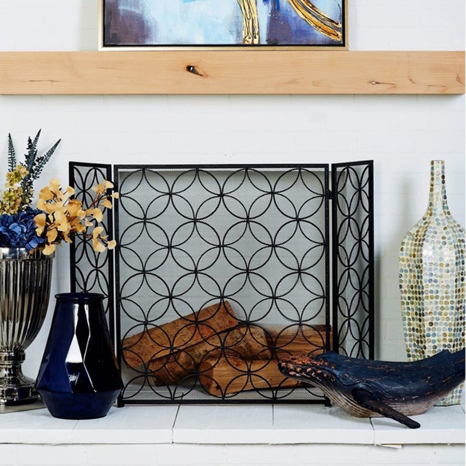 INKCOR 3-Panel Fireplace Screen - Foldable Spark Guard for Living Room Decor, Safety Mesh Curtain for Kids & Pets, Wrought Iron Finish - Perfect for Fireplace Safety & Home Decoration