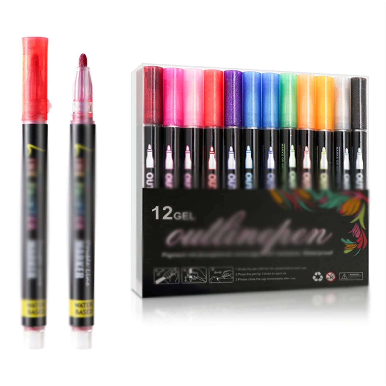 GRETD Double Line Metallic Paint Markers Set - 12 Vibrant Colors for Scrapbooking, Bullet Journaling, Poster Art & DIY Crafts | Perfect for Outlining, Lettering & Creative Projects