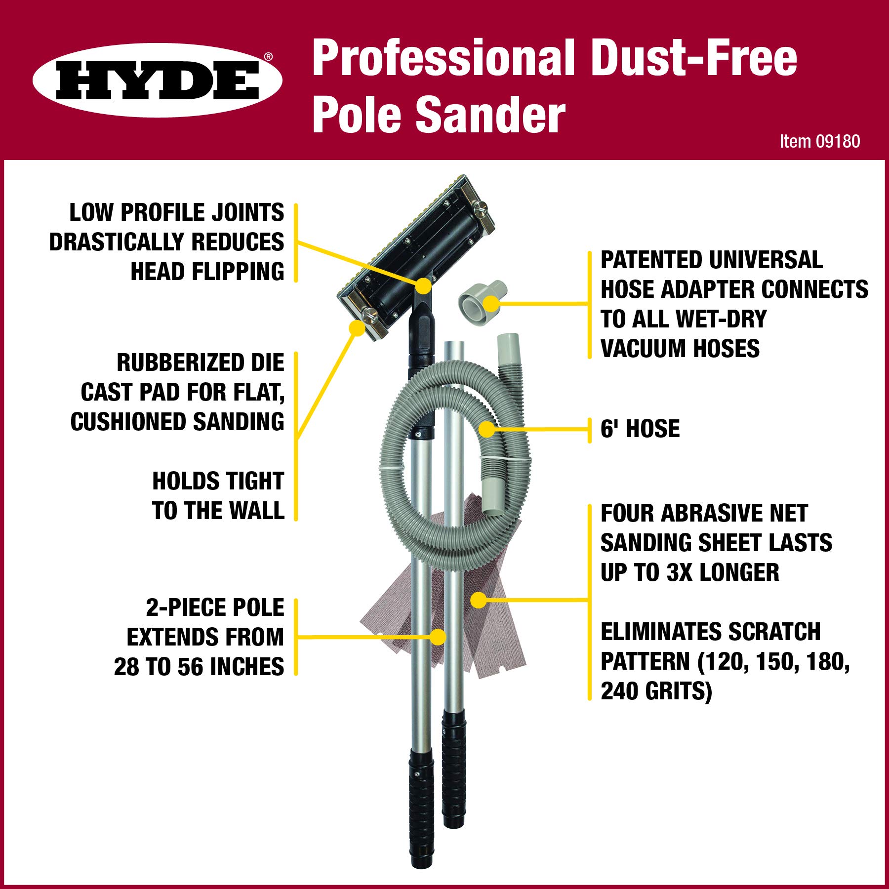 HYDE Professional Pole Sander Kit with 10 Abrasive Sanding Net Sheets - Drywall, Wood & Paint Sanding for Home Renovation Projects