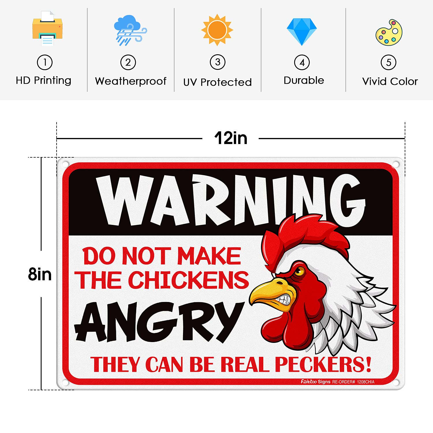 8x12 Inch Chicken Warning Sign - Rust-Free Reflective Aluminum - Weatherproof & Fade Resistant - Easy Mounting for Indoor/Outdoor Use - Perfect for Farms, Coops & Backyard Poultry Areas