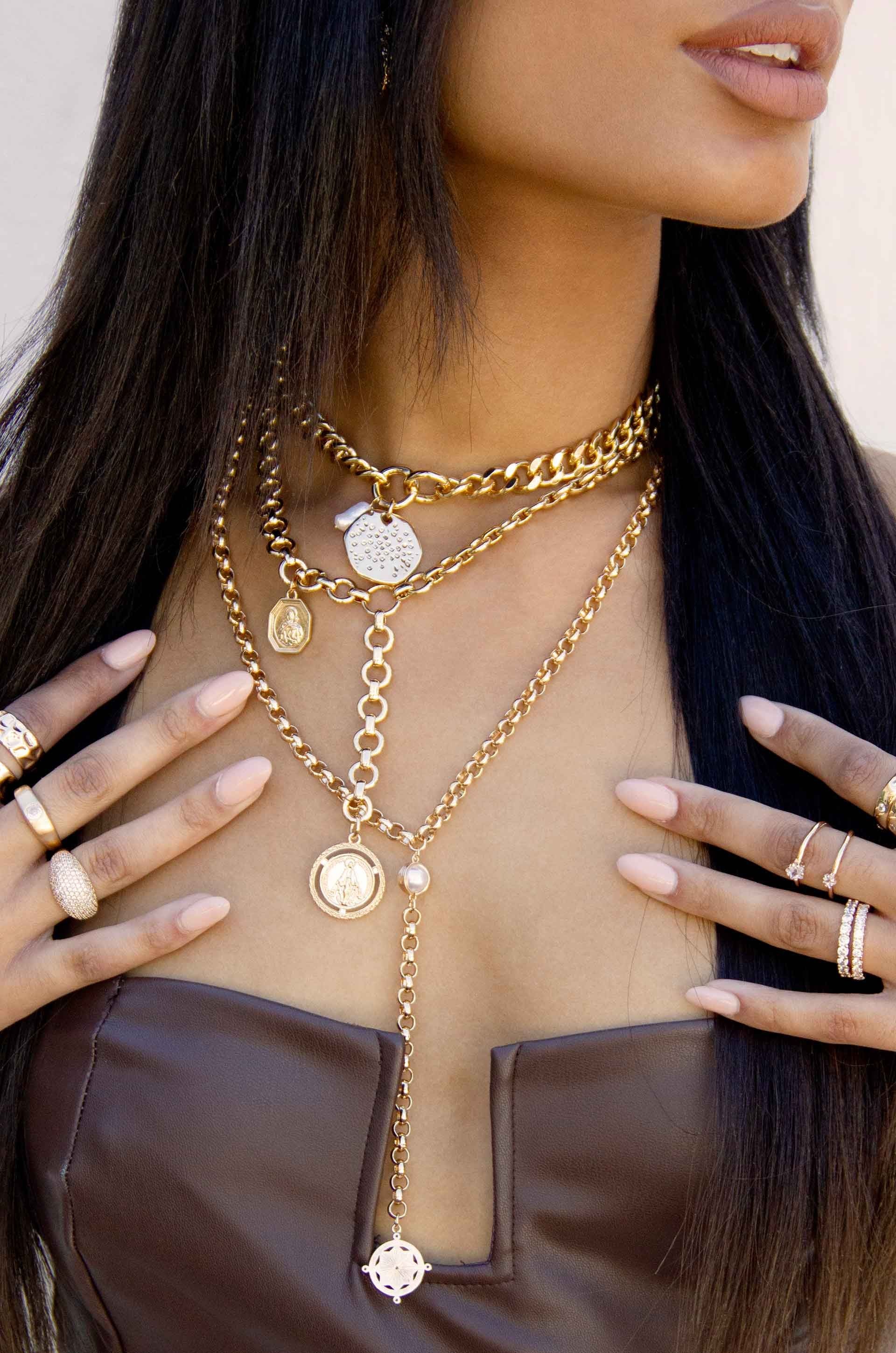 Lola Pearl & Medallion Chain Link Choker Necklace - Elegant Layered Jewelry for Women, Perfect for Parties, Weddings & Date Nights