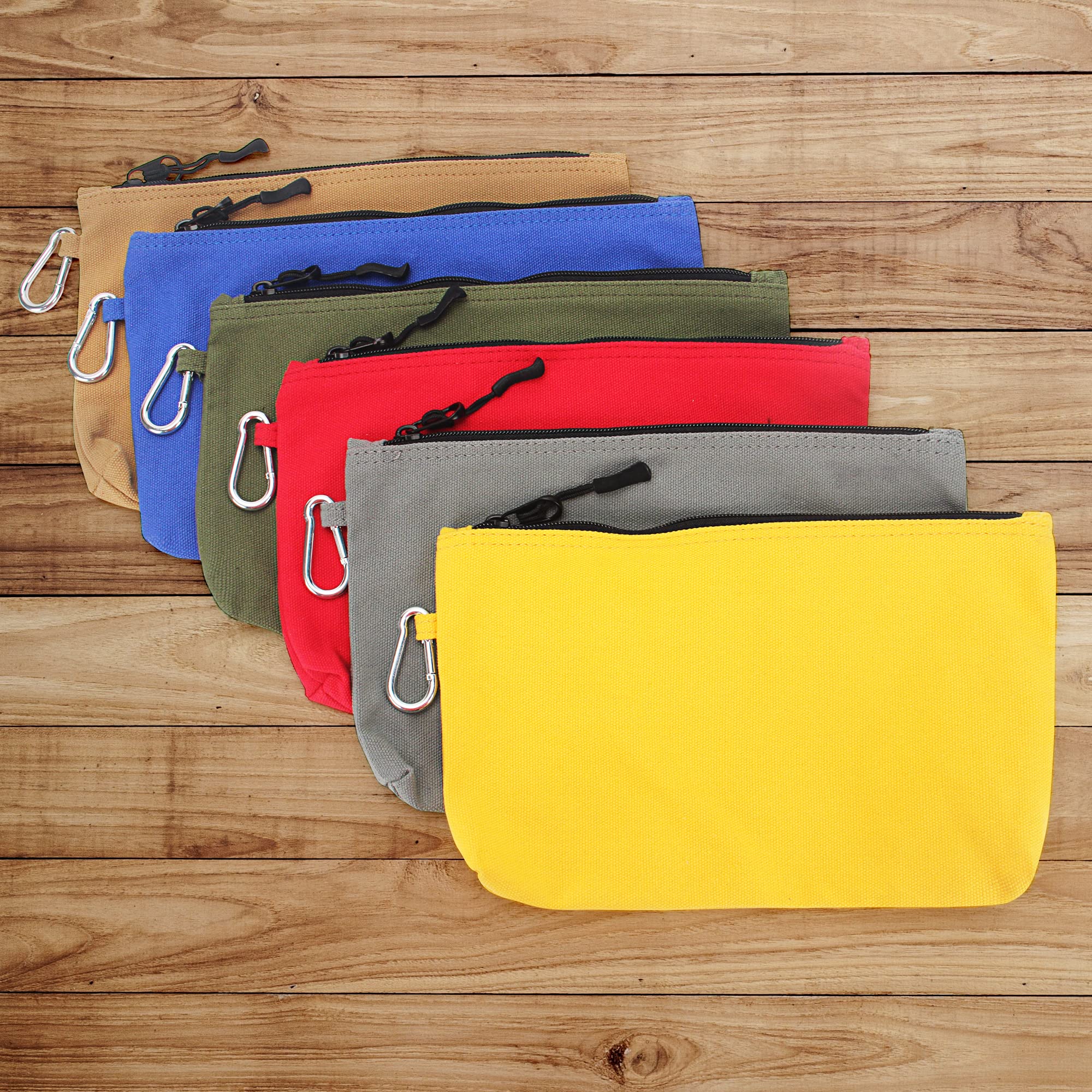 6 Pack Heavy Duty 16 OZ Canvas Tool Bags with Carabiner Clip - Multipurpose Zippered Pouch for Tools, Gardening, Camping & DIY Projects - Durable Construction with Reinforced Zippers