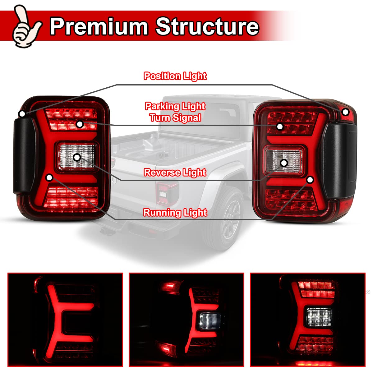 Nixon Offroad LED Tail Lights for Jeep Gladiator JT 2018-2025 - Sequential Turn Signal Rear Lamps Assembly Replacement (Matte Black Housing/Red Lens) - 1 Pair - Perfect for Off-Roading & Night Driving