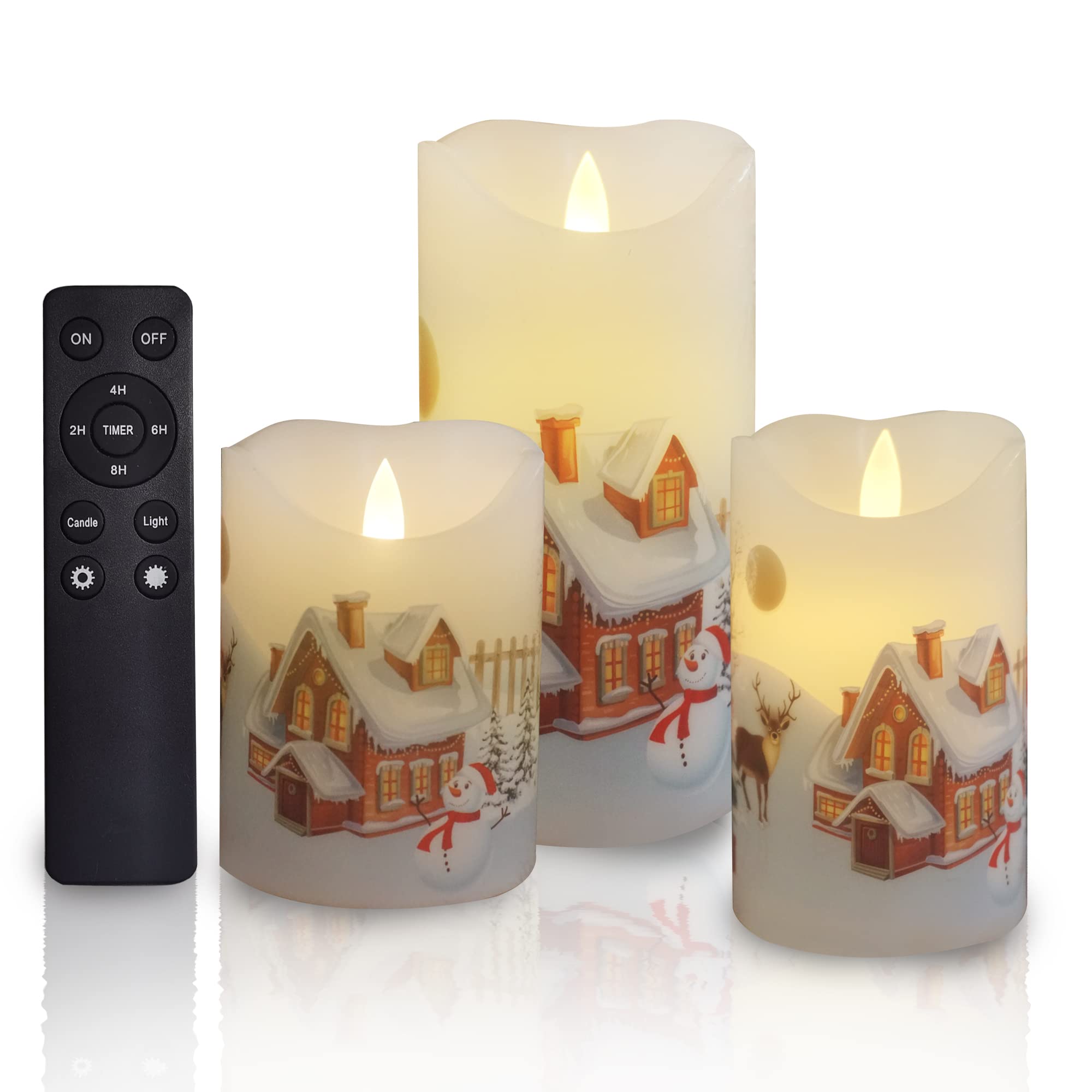 Real Wax Flameless LED Candles with Remote & Timer - 3 Pack Battery Operated Electric Pillar Candles with Realistic Flickering for Christmas Decor (Reindeer/Snowman/Tree Decals) - Perfect for Holiday Home Decor, Winter Centerpieces & Cozy Ambiance