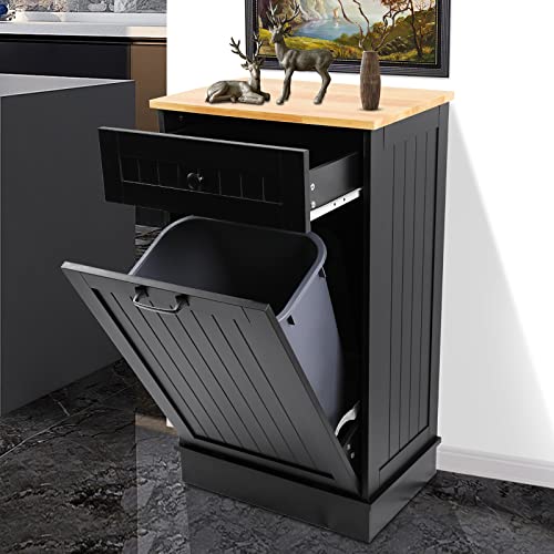 Wooden Tilt-Out Trash Cabinet with Removable Cutting Board & Drawer - Free Standing Kitchen Waste Bin Holder for Recycling & Trash Storage - Perfect for Small Kitchens, Pantries & Under-Sink Organization (Black)