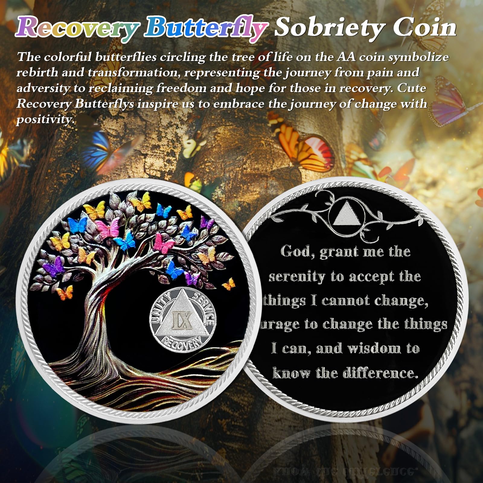 9 Year Sobriety Coin - Butterfly Tree of Life AA Recovery Medallion - NA HA AA Chip for 1-62 Years Clean - Inspirational Gift for Men & Women in Alcoholics/Narcotics Anonymous - Perfect for Milestone Celebrations & Support Group Meetings