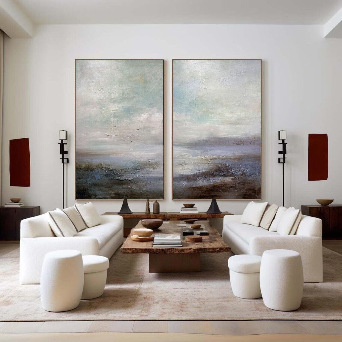 Ocean and Sky Painting Set of 2 - Handmade Wall Art for Living Room & Bedroom Decor - Coastal Themed Canvas Prints for Home Office