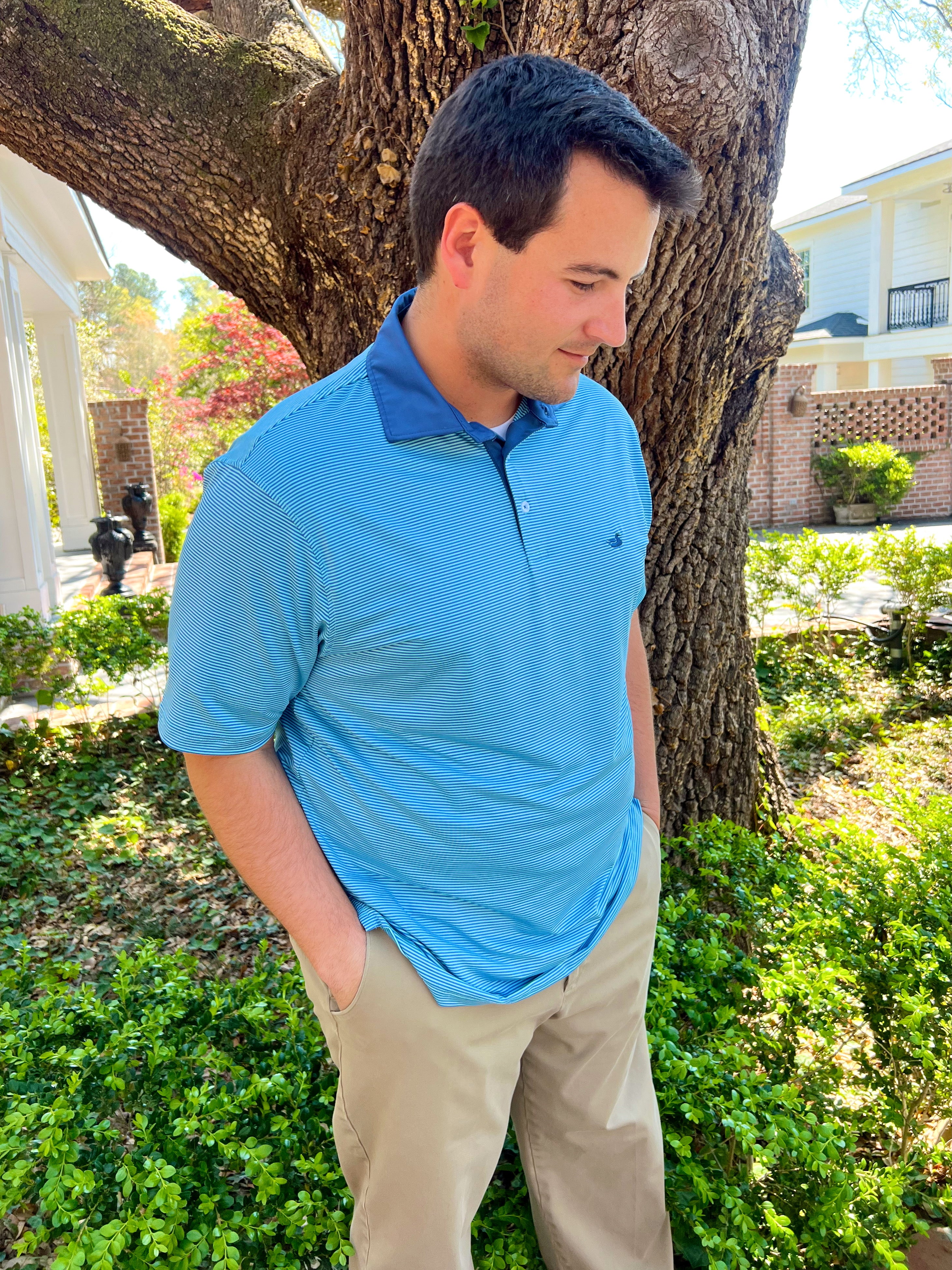Hampton Stripe Bermuda Performance Polo Shirt for Men - Dark Bluebonnet & Antigua Blue - Southern Marsh Collection - Perfect for Golf, Tennis & Casual Wear