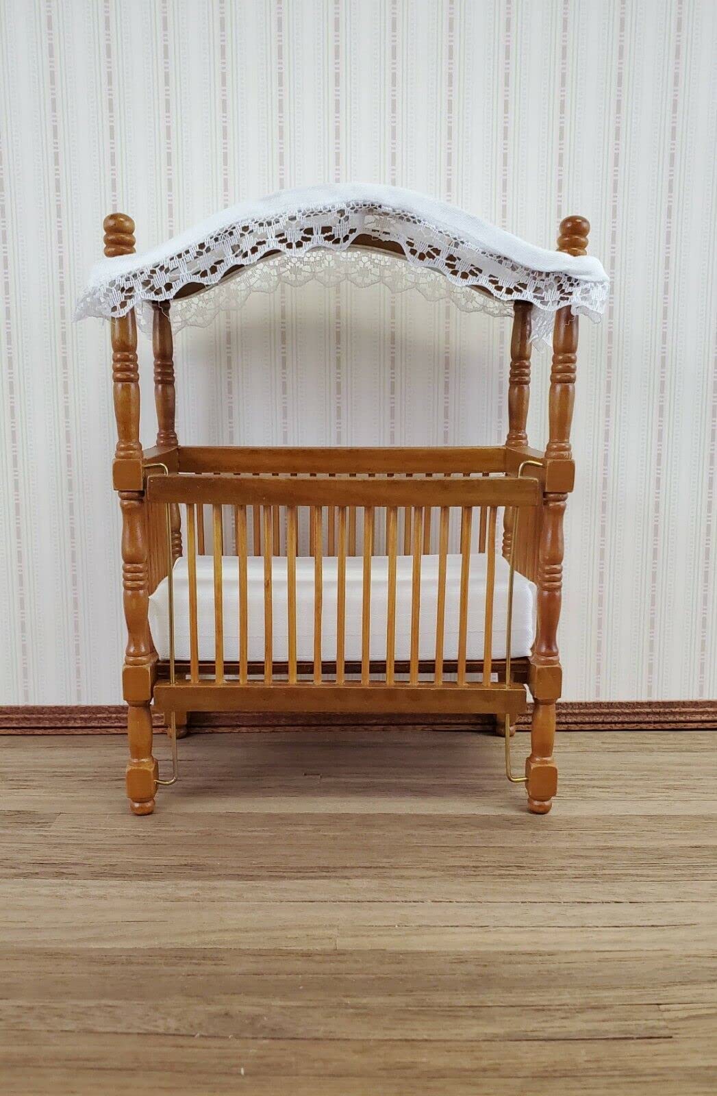1:12 Scale Dollhouse Miniature Canopy Crib - Walnut Finish Nursery Furniture for Dolls | Perfect for Dollhouse Decor, Vintage Doll Displays & Miniature Room Scenes