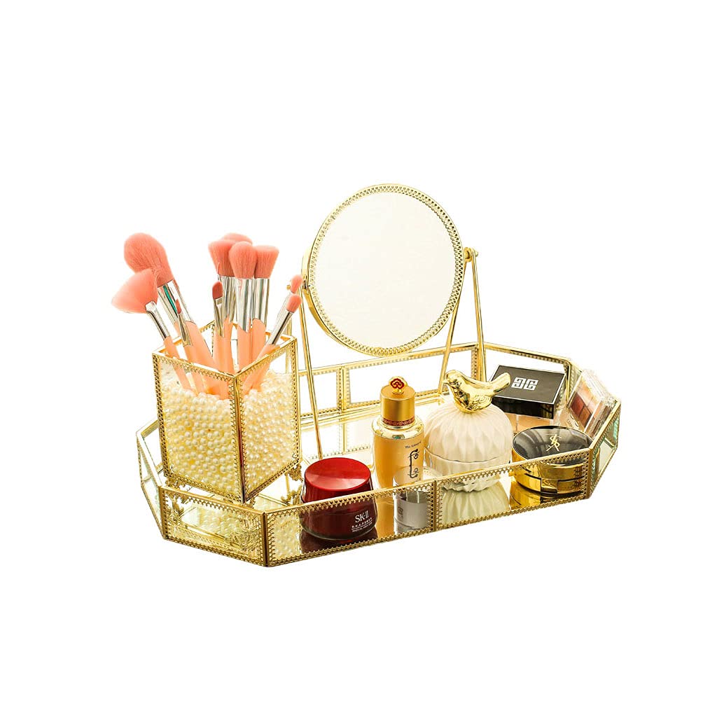 Vintage Glass Storage Box Set with Pen Holder & Metal Mirror Tray - 3-Piece Vanity Organizer for Dressing Table, Makeup Storage, and Jewelry Display