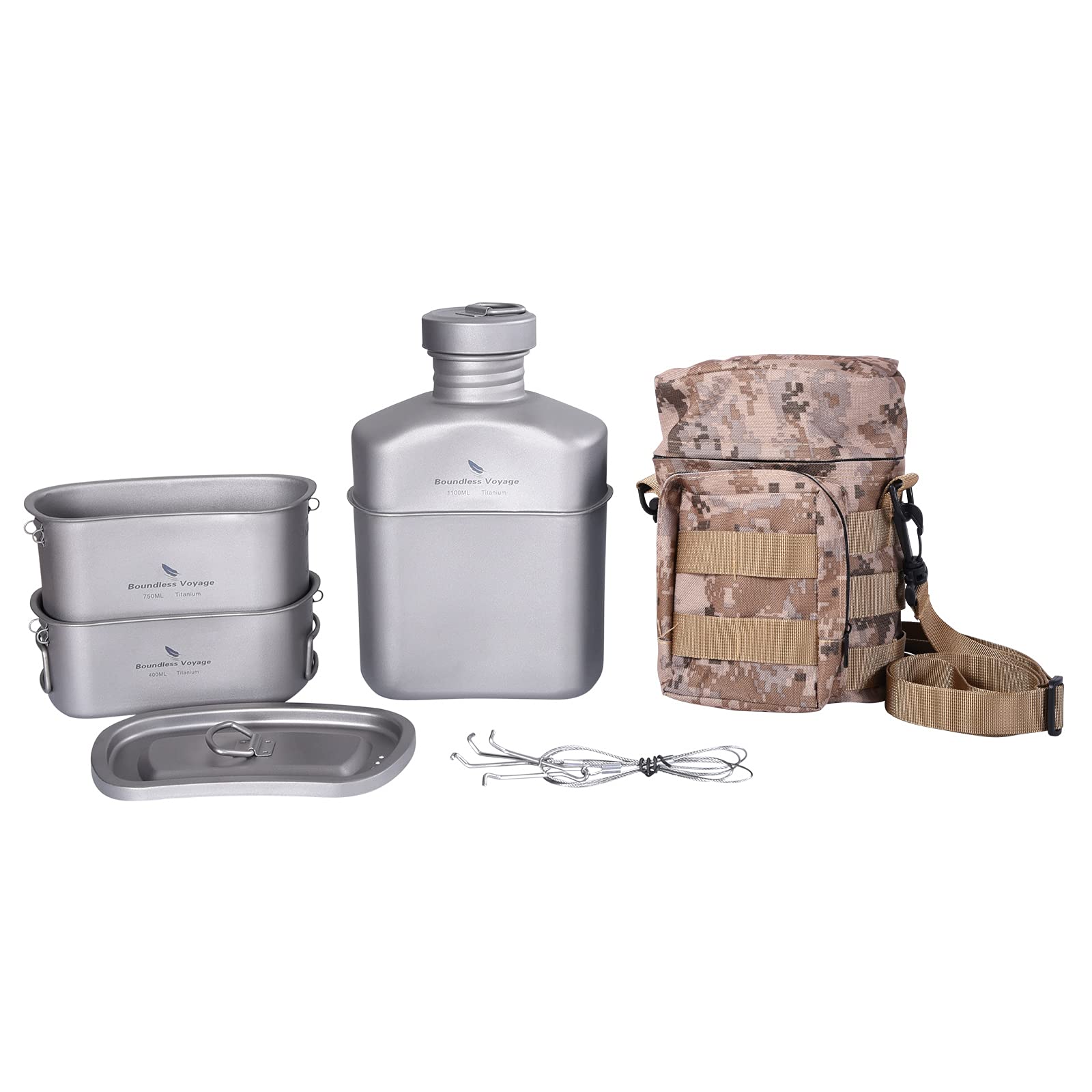Boundless Voyage Titanium Military Canteen Cup Set - Lightweight Outdoor Camping & Hiking Water Bottle with 2 Cups - Durable Mess Kit for Cooking, Survival Gear - Perfect for Backpacking, Bushcraft & Emergency Preparedness (Ti15158B)