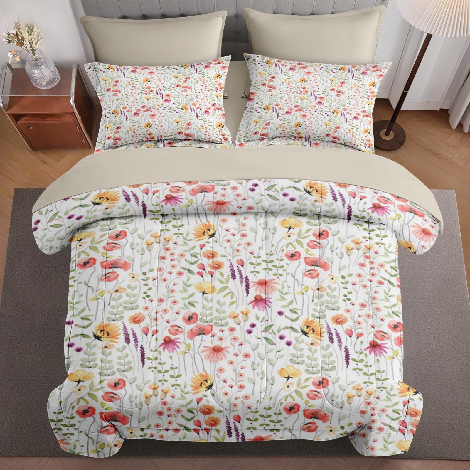7-Piece King Size Comforter Set - Floral Wildflower Bed in a Bag with Flat Sheet, Fitted Sheet & Pillowcases for Kids & Adults | Soft Fantasy Plants Flower Bedding Collection for Master Bedroom, Guest Room & Dorm Decor