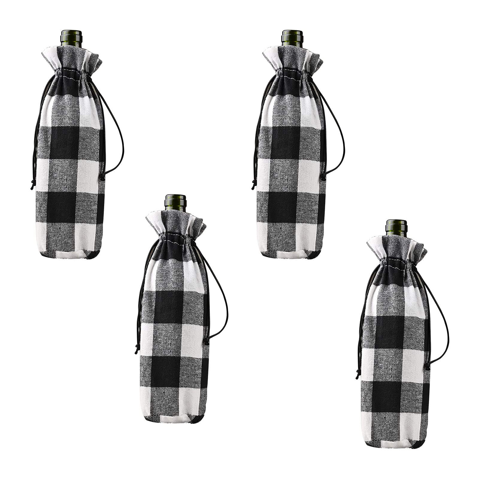 Christmas Wine Bottle Bags 4PCS - Buffalo Plaid Drawstring Gift Bags for Holiday Party Decor