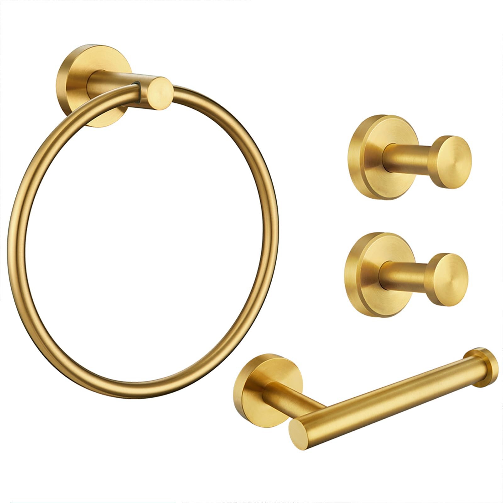 4-Piece Brushed Gold Bathroom Hardware Set - SUS304 Stainless Steel Towel Hooks (2), Toilet Paper Holder & Towel Ring - Modern Wall Mounted Fixtures for Bathroom, Powder Room & Guest Bath Decor