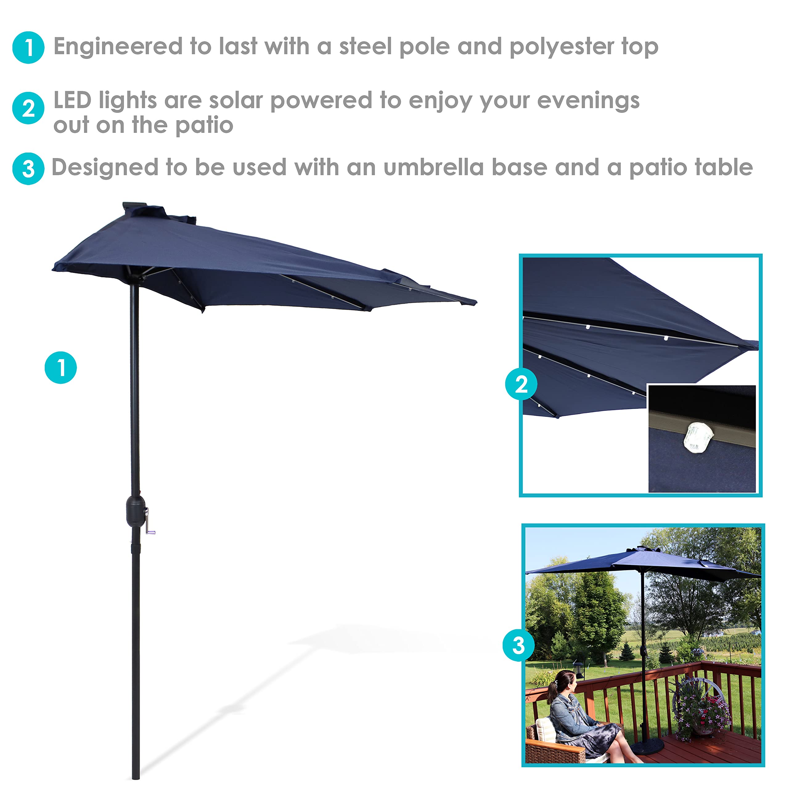 Sunnydaze 9-Foot Half Patio Umbrella with Solar LED Lights - Outdoor Cantilever Umbrella for Deck, Poolside & Backyard - Waterproof Sun Shade with Auto-Tilt & Wind Vent