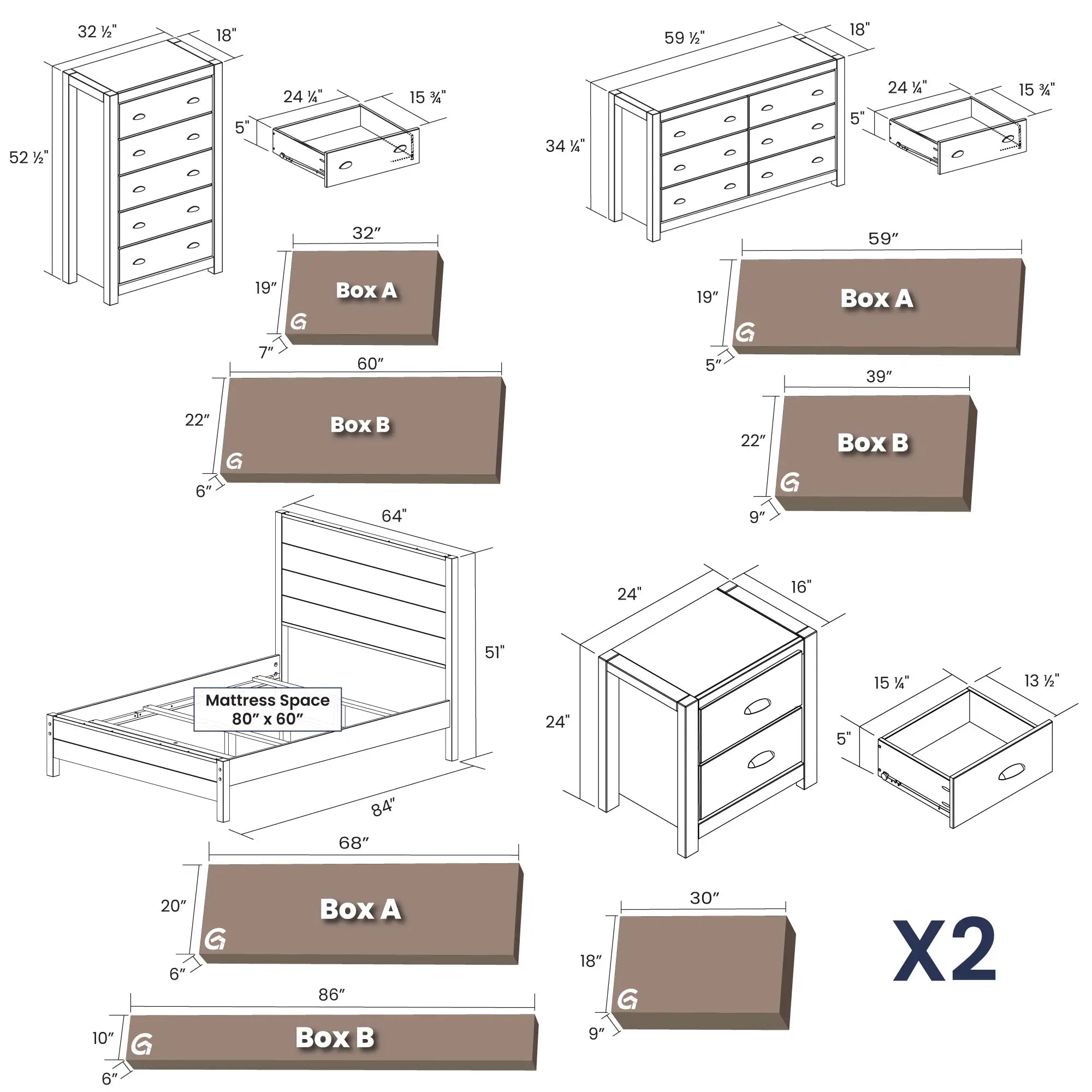Montauk 5-Piece Bedroom Set - Queen Size Bed, Dresser, Nightstands & Mirror - Modern Farmhouse Furniture for Cozy Home Decor