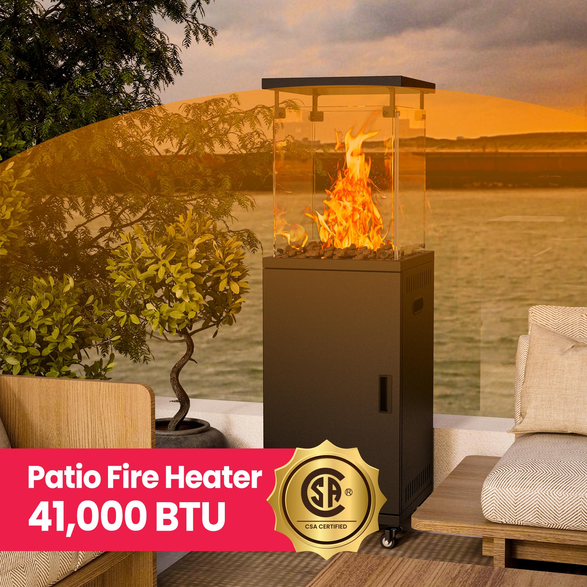 Pamapic 41,000 BTU Propane Patio Heater with Lockable Wheels & Cover - CSA Certified Outdoor Heater for Backyard, Garden, Deck, Restaurant, Camping (Ink Black)