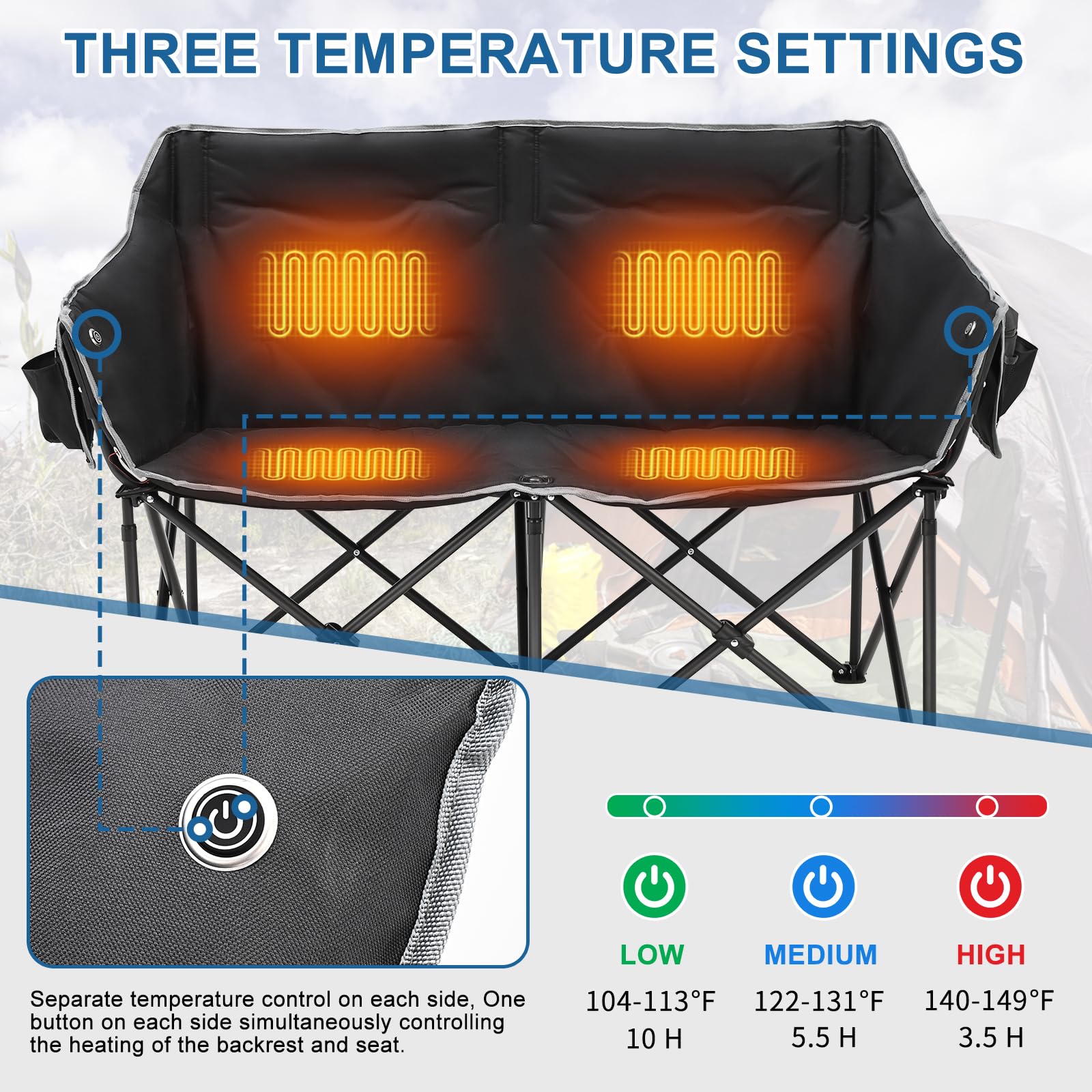 SLSY Oversized Heated 2-Person Camping Chair - Double Folding Loveseat with Padded Seat & Carry Bag - Perfect for Outdoor Camping, Picnics, Beach, Backyard & Tailgating