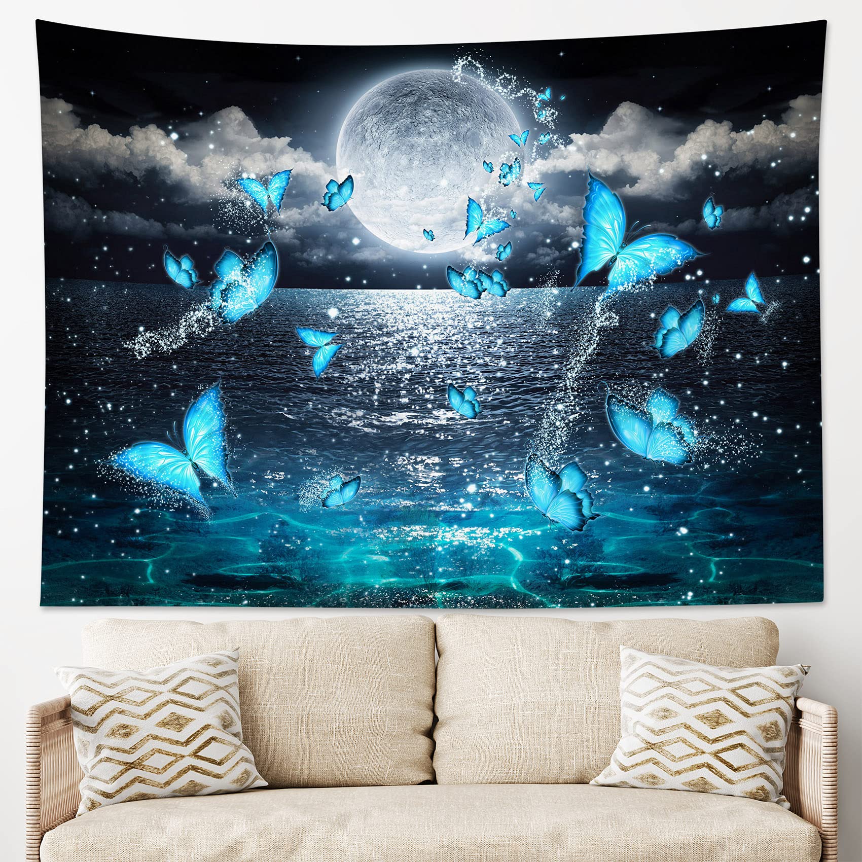 HVEST Ocean Tapestry Wall Hanging - Teal Magic Butterfly Flying Over Moonlit Ocean Night Sky, Nature Scenery Decor for Bedroom, Living Room, Party, 59x51 Inches, Perfect for Meditation Spaces and Coastal-Themed Interiors