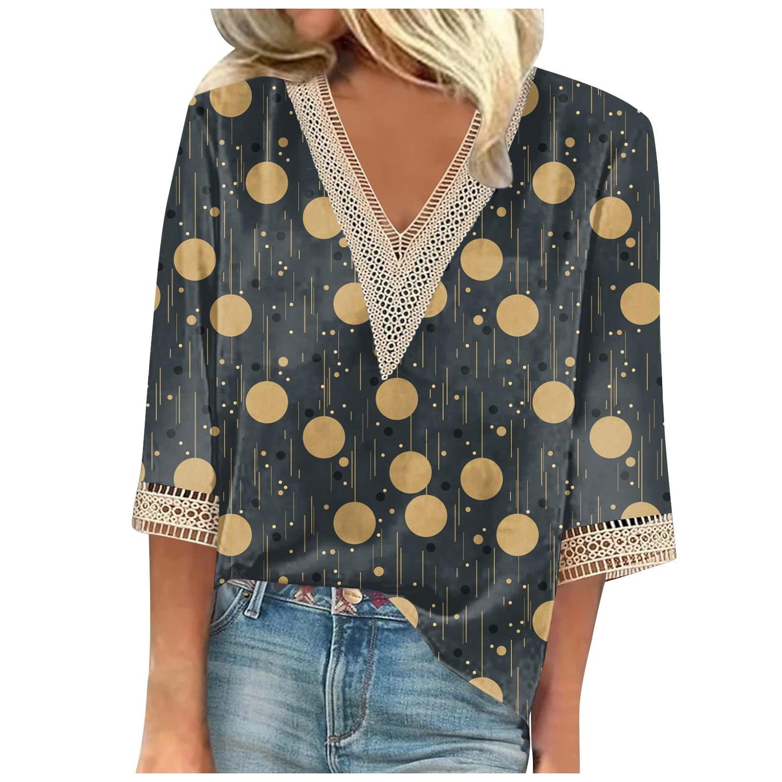 Women's Floral Print 3/4 Sleeve Blouse with Lace Trim V-Neck - Casual & Work Tops for Office, Dating, and Everyday Wear