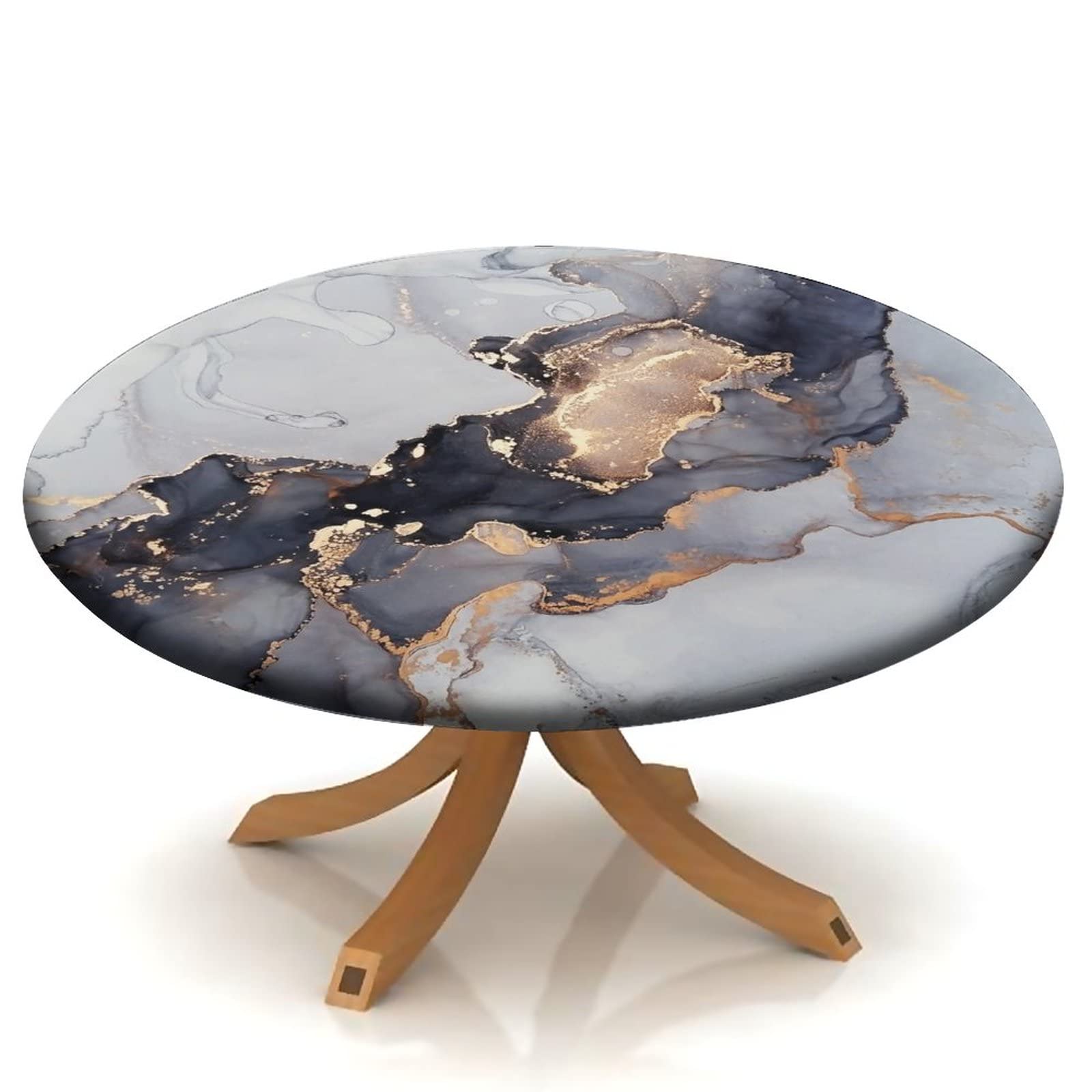 Waterproof Elastic Edge Round Tablecloth - Washable & Wipeable Marble Fabric Table Cover for 60 Inch Tables, Black & Gold - Perfect for Indoor & Outdoor Parties, Dining, Weddings, and Events