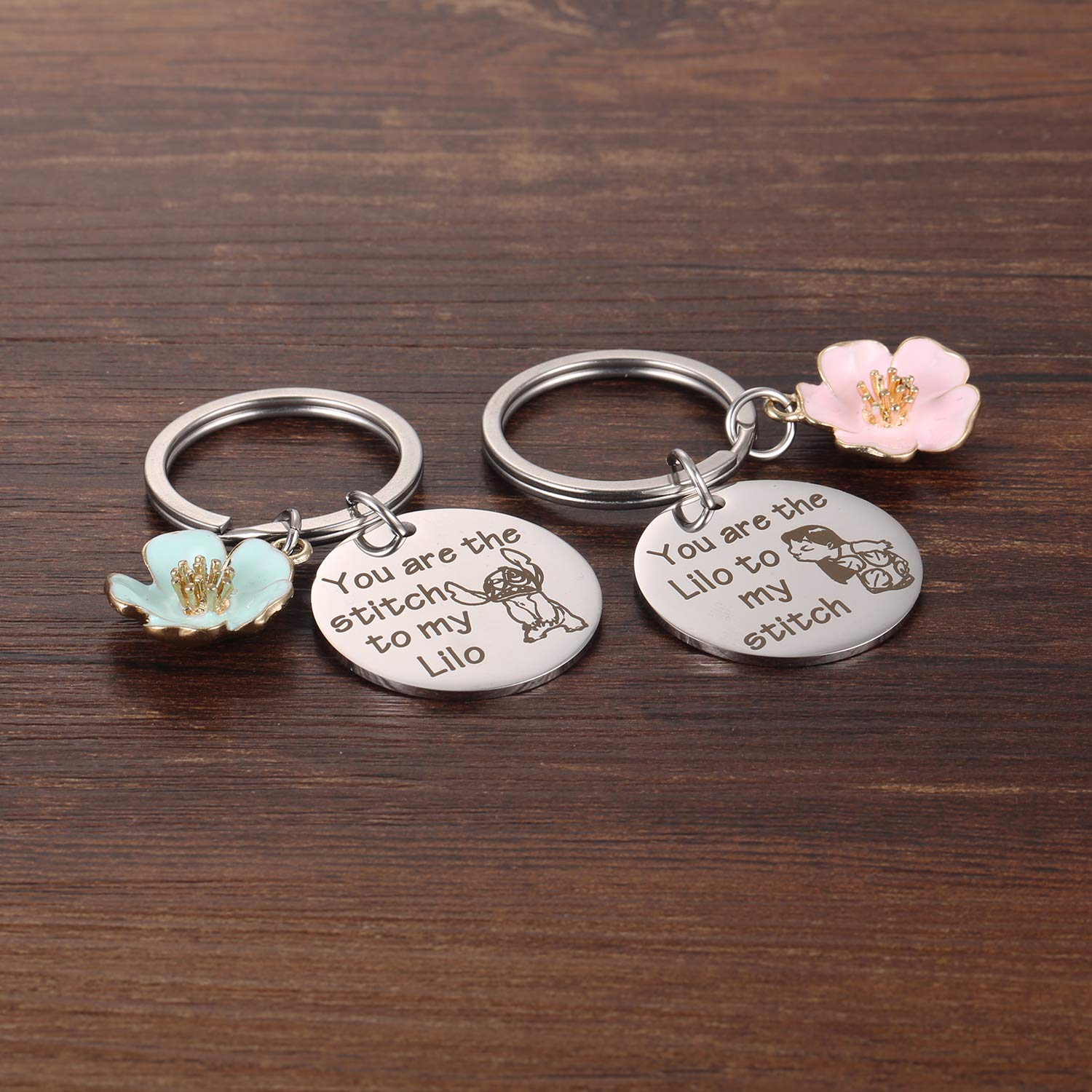 Stitch and Lilo Inspired Keychain Gift Set (2 Pack) - Best Friend BFF Keyrings with Blue & Pink Hibiscus Flowers - Perfect for Disney Fans, Cosplay Jewelry & Collectors - Great for Backpacks, Keychains & Gifts