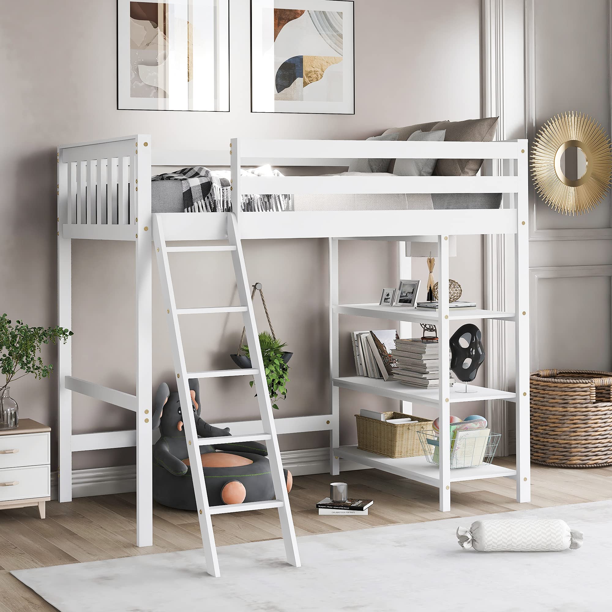 Merax Twin Size Wooden Loft Bed Frame with Storage Shelves, Guardrails & Ladder - Sturdy Kids Bunk Bed for Boys & Girls, No Box Spring Needed, White - Perfect for Small Bedrooms, Dorms & Space-Saving Kids' Rooms
