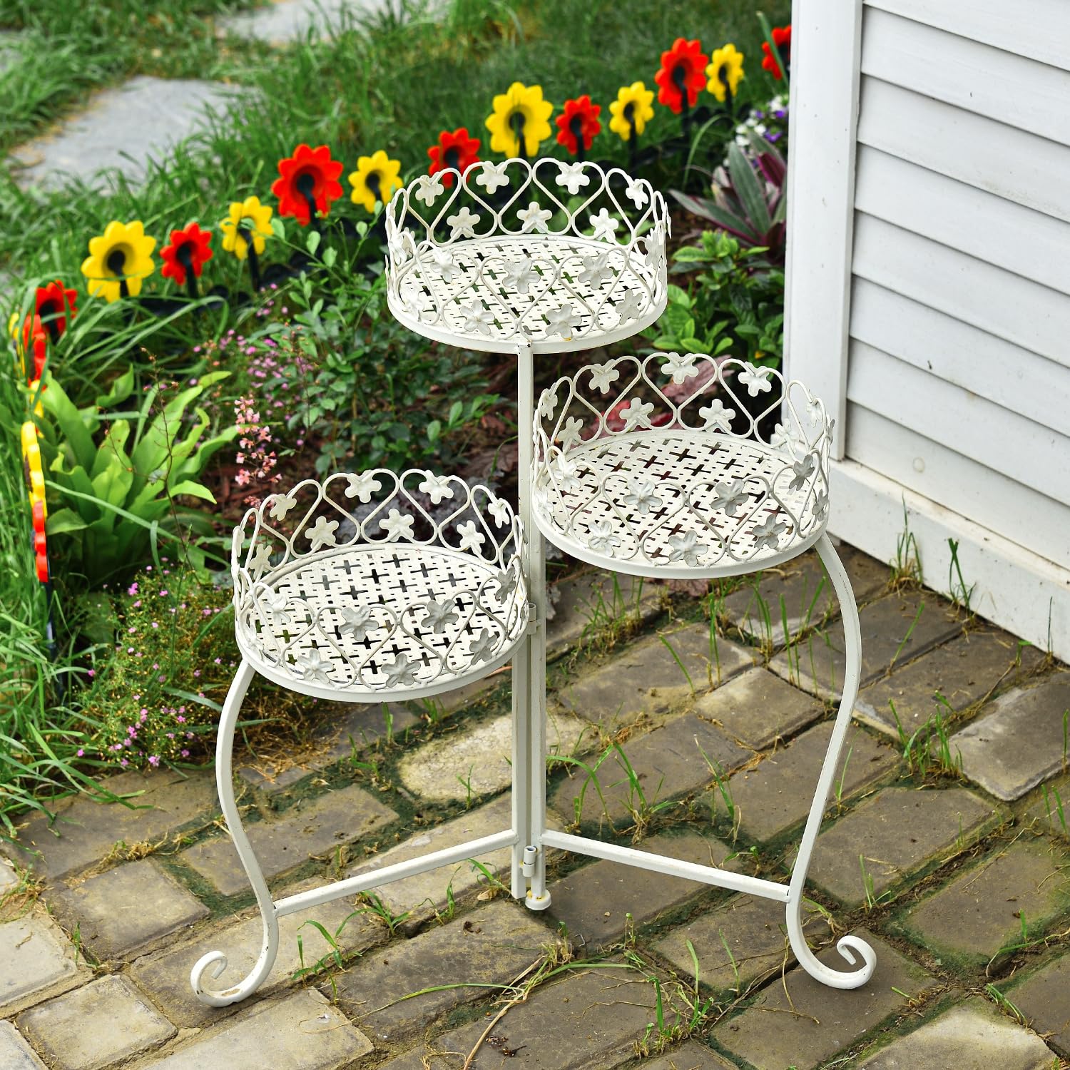 2-Pack Rustic White 3-Tier Metal Plant Stand - 23