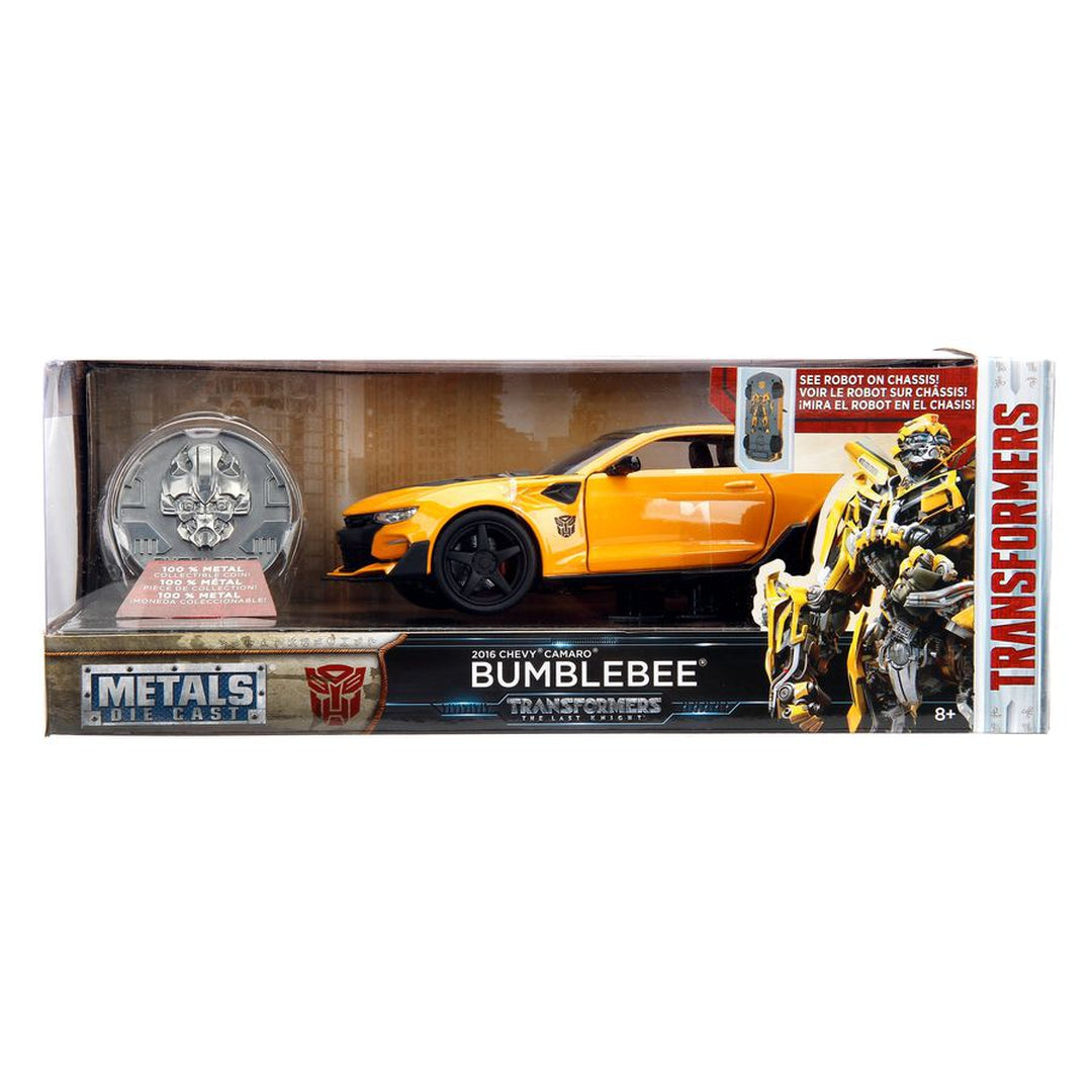1:24 Scale 2016 Chevy Camaro Bumblebee Transformers Diecast Model Car with Collectible Coin - Perfect for Movie Fans, Collectors & Gift Giving