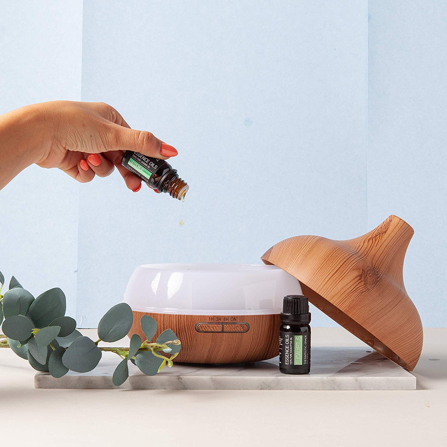 300ml Ultrasonic Aromatherapy Diffuser with 10 Therapeutic Grade Essential Oils Set - 4 Timer & 7 Color LED Lights, Rotating Display Stand for Home, Office, Yoga & Spa Relaxation
