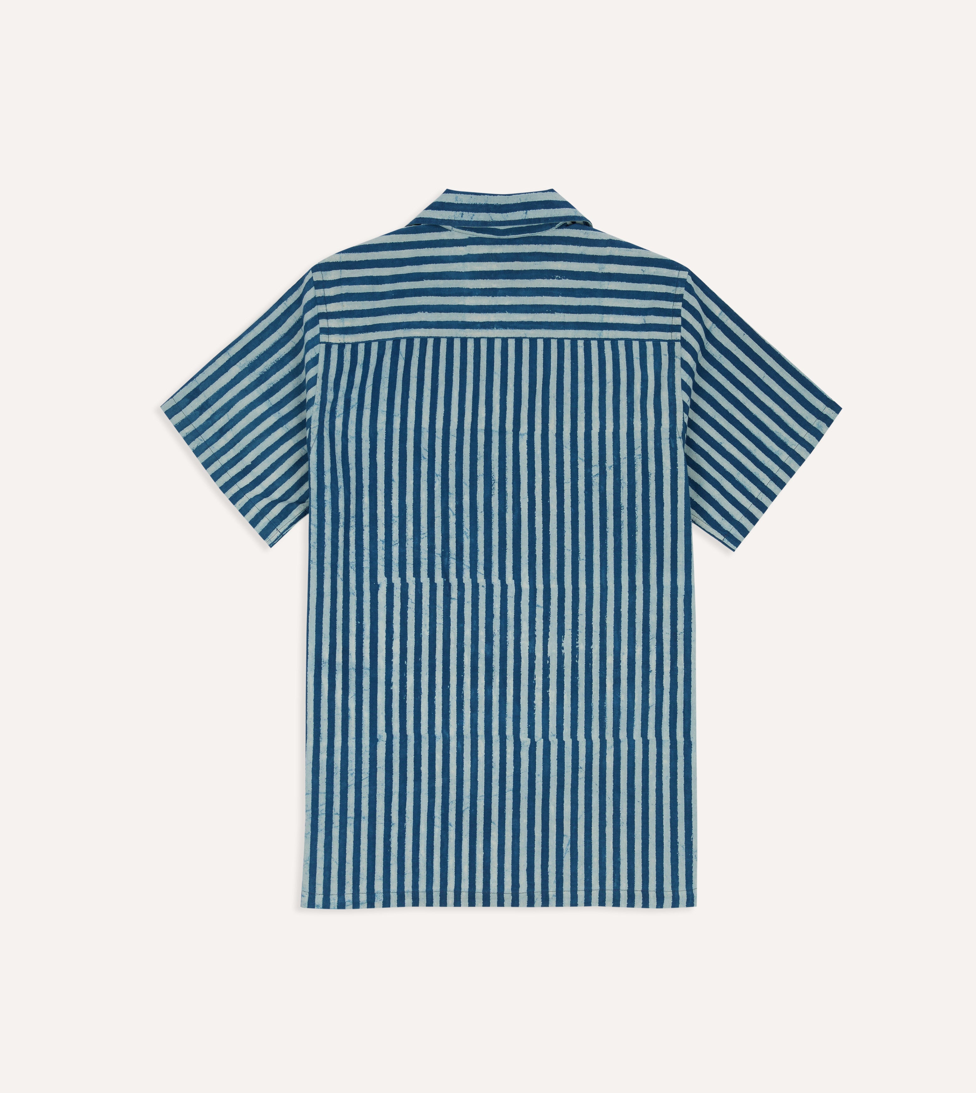 Indigo Stripe Block Print Cotton Camp Collar Short Sleeve Shirt for Men - Casual Summer Beach Wear & Vacation Outfit