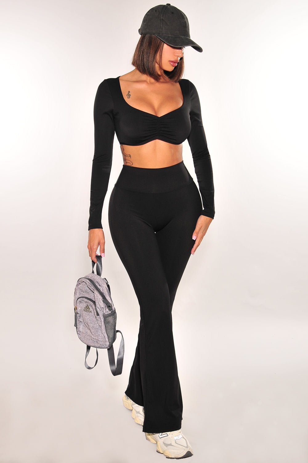 HMS Fit Black Long Sleeve High Waist Scrunch Butt Flare Leggings Two Piece Set - Women's Workout Outfit for Yoga, Gym & Running
