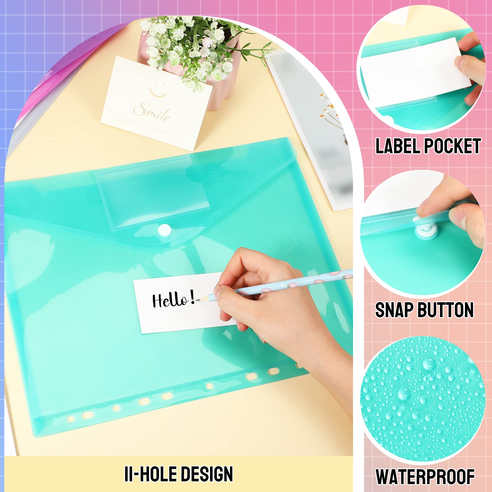 Fuutreo 50 Pack 3-Ring Binder Pockets - Plastic Sheet Protector Envelopes with Snap Button, 11-Hole Design for 2/3/4 Ring Binders - Expandable File Organizer with Label for School, Office & Home Organization