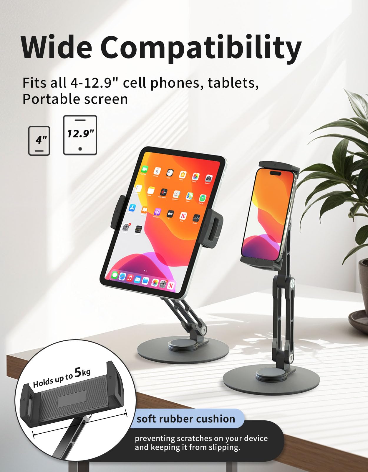 360° Rotating Tablet Stand Holder - Adjustable Height & Dual-Axis Support, Ergonomic iPad Stand for Desk, Foldable Kindle Tablet Holder Compatible with 4-13