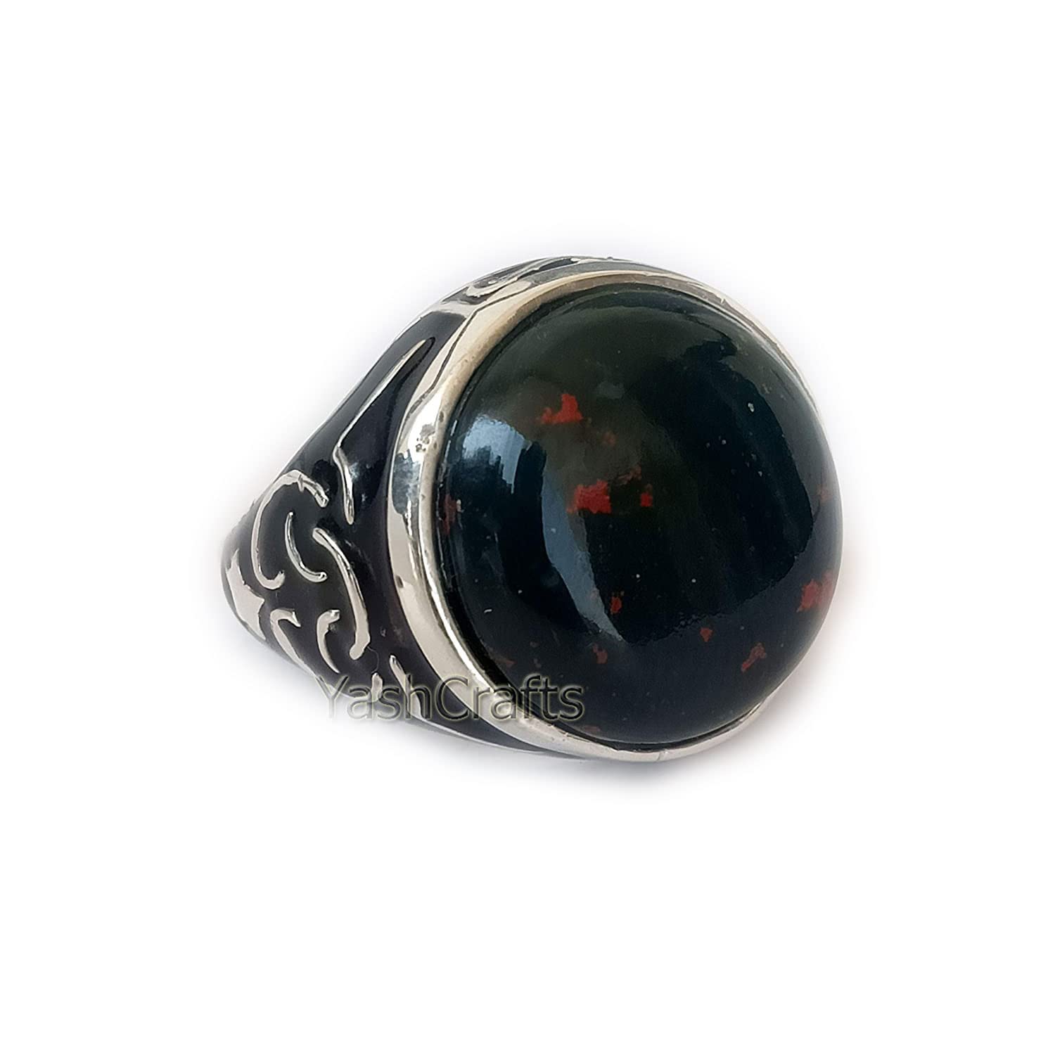 Men's Bloodstone Ring - 925 Sterling Silver Statement Ring with Natural Round Cabochon Gemstone, Arabic Style Handmade Jewelry, Perfect Gift for Men, Ideal for Weddings, Parties, and Special Occasions