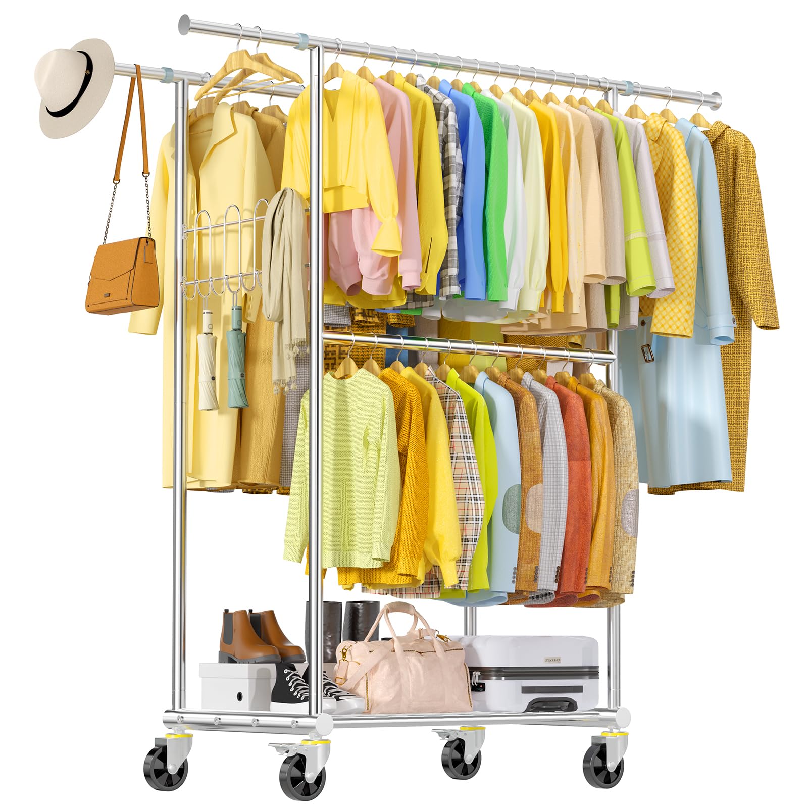 100% Stainless Steel Heavy Duty Garment Rack - 960LBS Capacity, 3-Rod Expandable Clothes Hanging Rack with Wheels & Shelves - Portable Wardrobe Storage for Closet, Laundry Room, Retail Store or Bedroom Organization