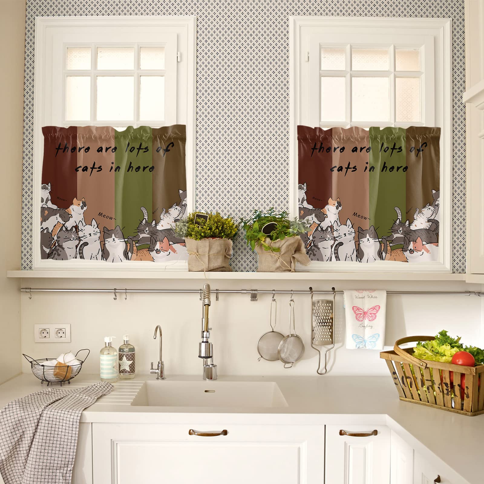 Farmhouse Kitchen Curtains Set - Cute Cat & Animal Print Tier Curtains with Valance, Brown Teal Beige Striped Rod Pocket Design, 24 Inch Length for Windows - Perfect for Cafe, Bedroom, and Cozy Home Decor