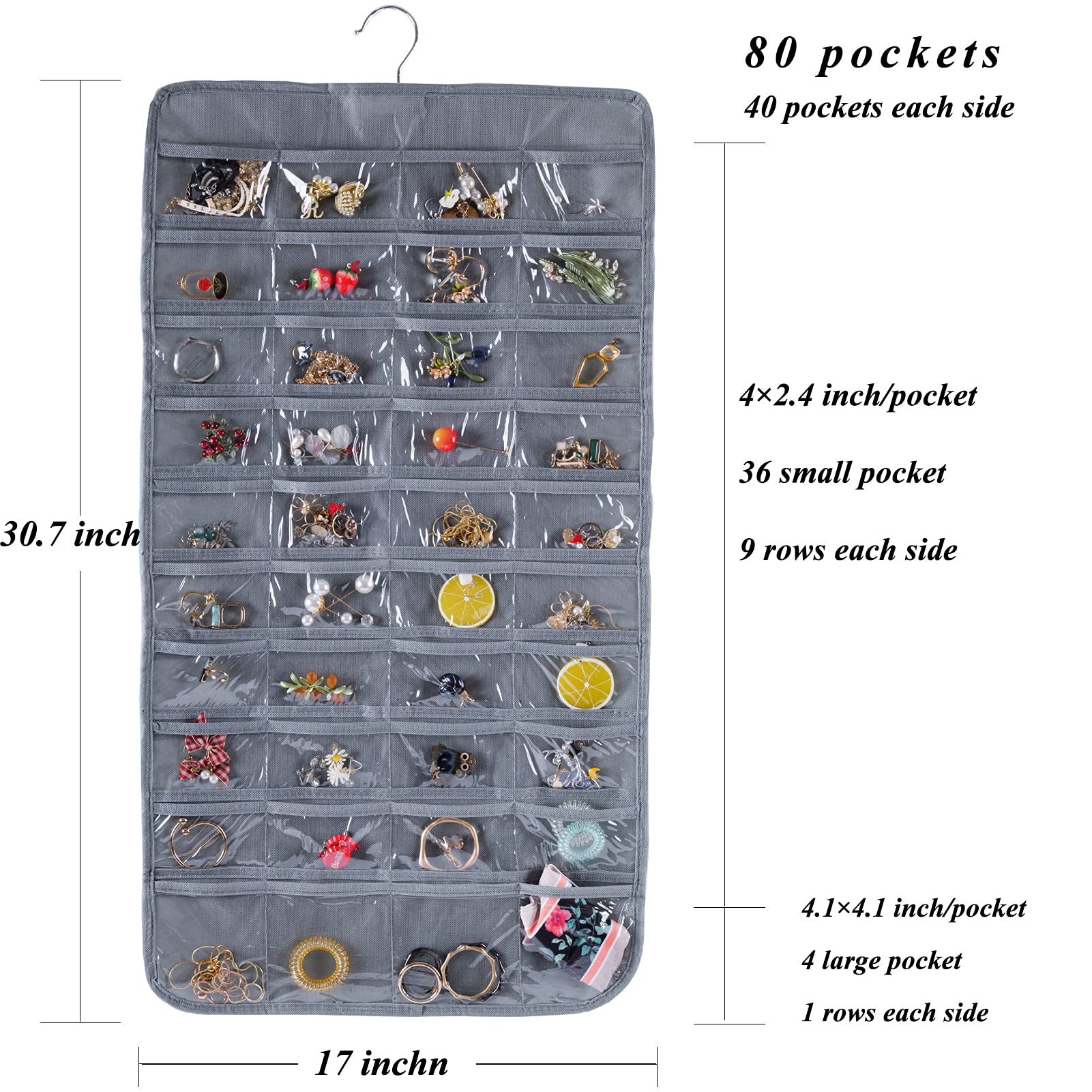 Double Sided 80 Pocket Jewelry Organizer - Bloss Hanging Jewelry Storage Bag with 2 Fabric Layers for Necklaces, Bracelets, Earrings, Rings & Knitting Tools | Perfect for Bedroom, Closet & Travel Organization (Black/Gray)
