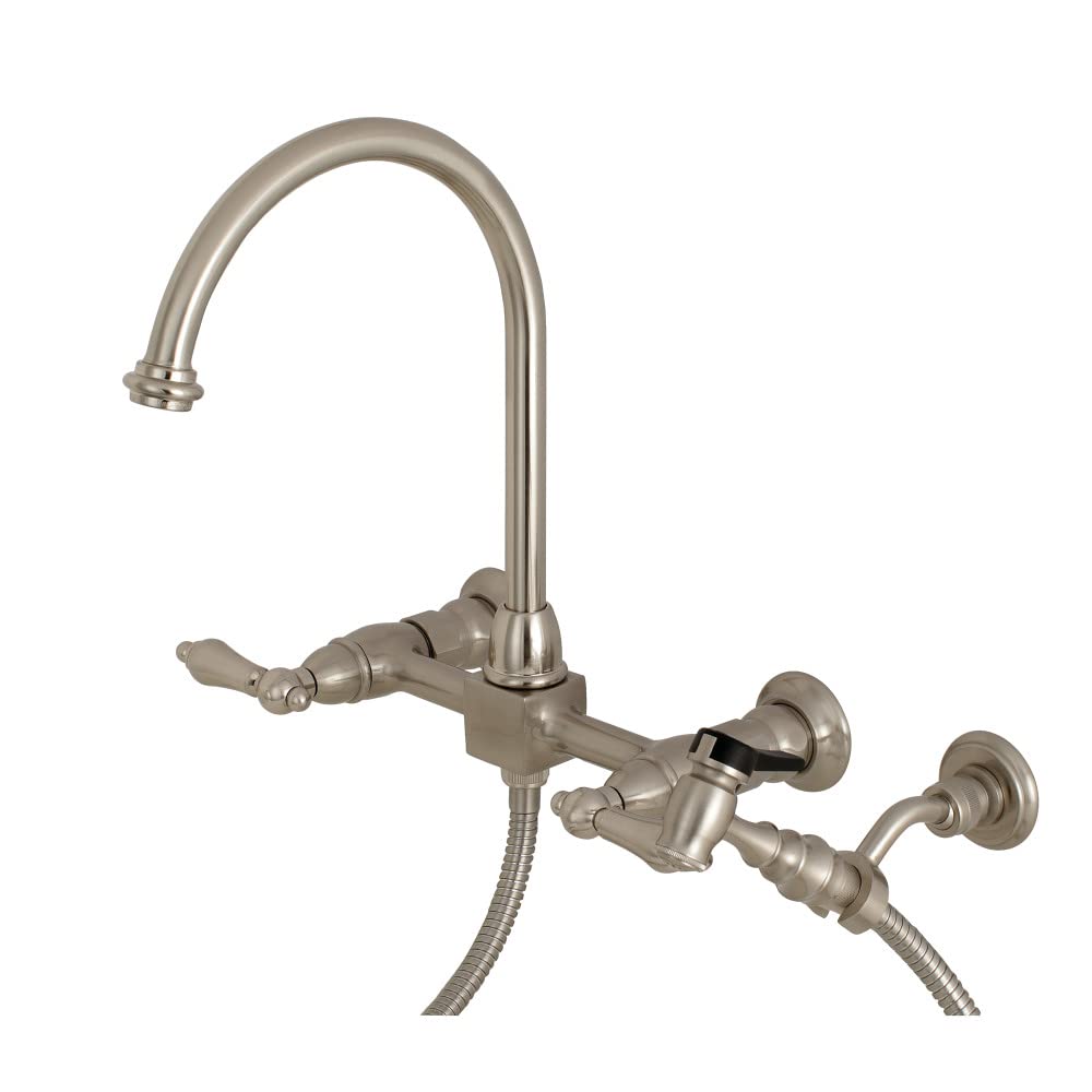 Kingston Brass KS1298ALBS Wall Mount Bridge Kitchen Faucet with Pull Down Sprayer - Brushed Nickel Finish - 11.63