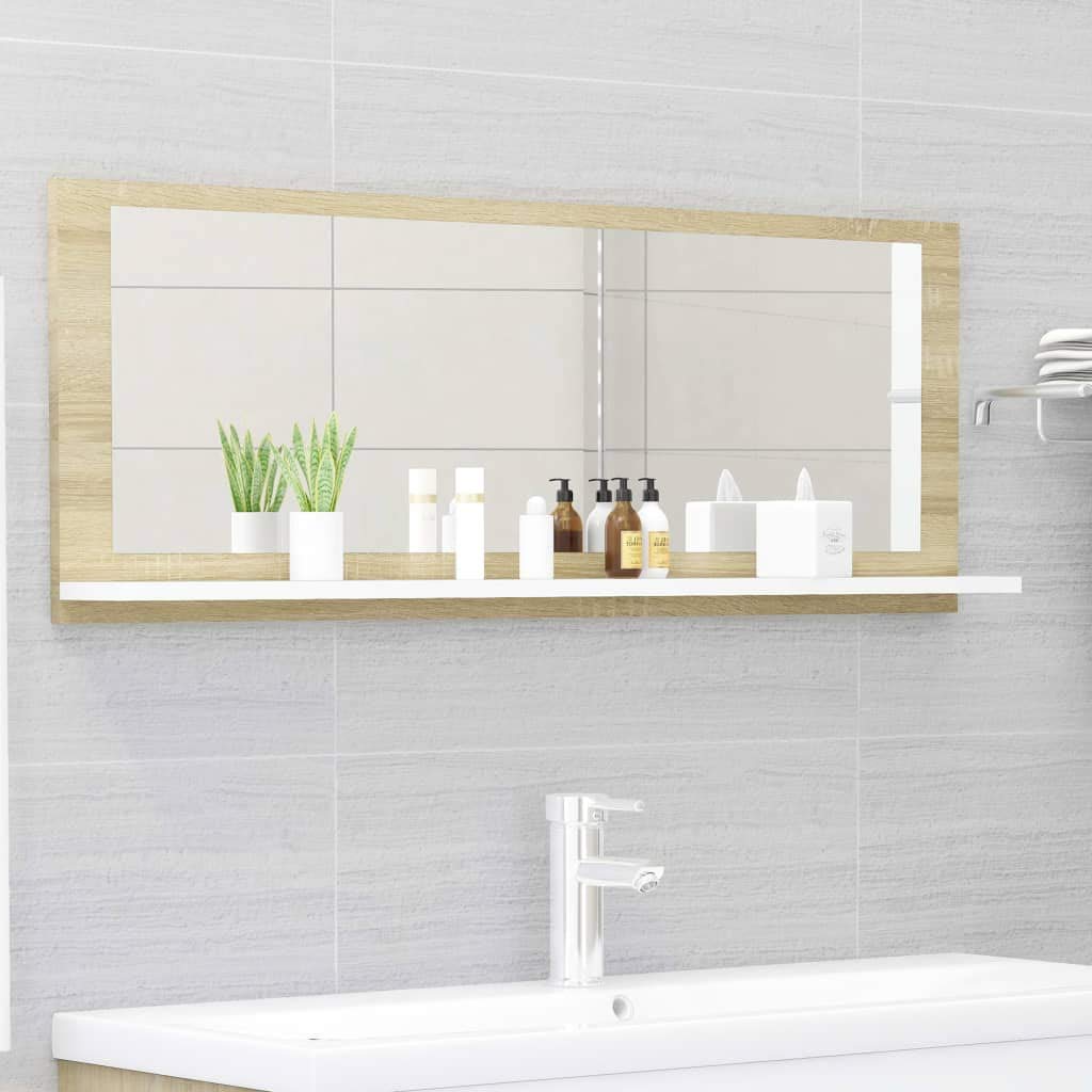 Wall Mounted Acrylic Bathroom Mirror with Open Shelves - White & Sonoma Oak 39.4