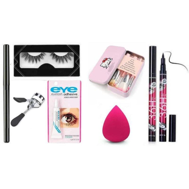 7-Piece Pink Makeup Brush Set for Women & Girls - Soft Bristles with Eyelash Curler, False Lashes, Glue, 36H Eyeliner, Kajal & Beauty Blender (13 Items Total) - Perfect for Daily Makeup, Professional Looks & Travel Beauty Essentials