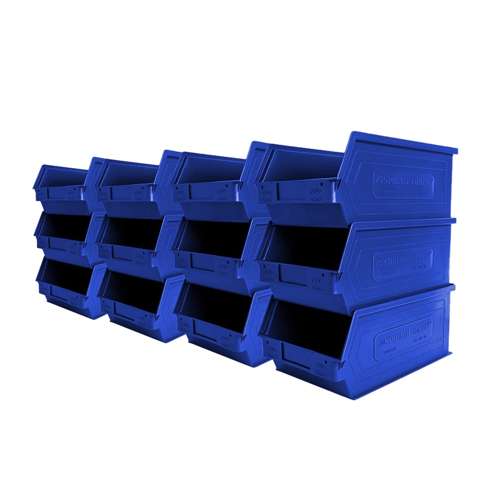 Zeus 3A2PLZ 12-Pack Plastic Storage Bins - Hanging & Stackable Organizers (12x8x6 Inches, Blue) for Closet, Garage, Office & Kids Toy Organization