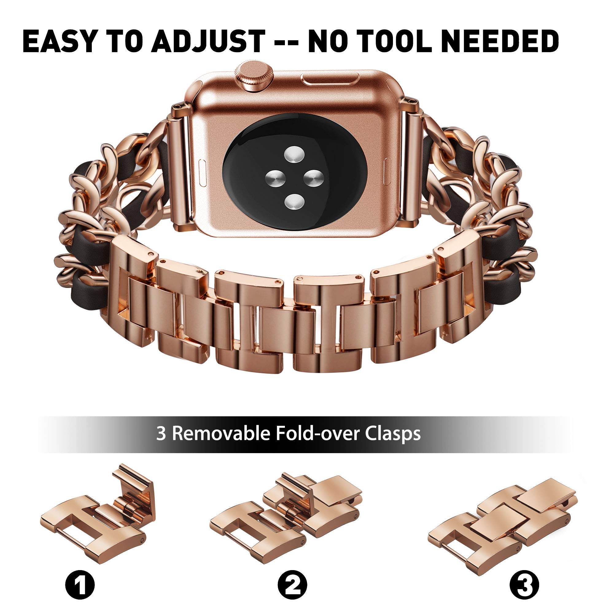 Compatible Apple Watch Band 44mm with Screen Protector & Jewelry Bracelet - Metal Band with 2P Bling Cover for iWatch Series SE/6/5/4 (Rose Gold Link & Black Leather) - Perfect for Women's Fashion, Work & Special Occasions
