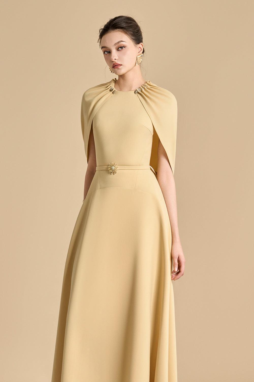 Elegant Yellow Beige Jasmine A-Line Cape Sleeve Maxi Dress for Women | Flowy Wedding Guest & Summer Party Dress