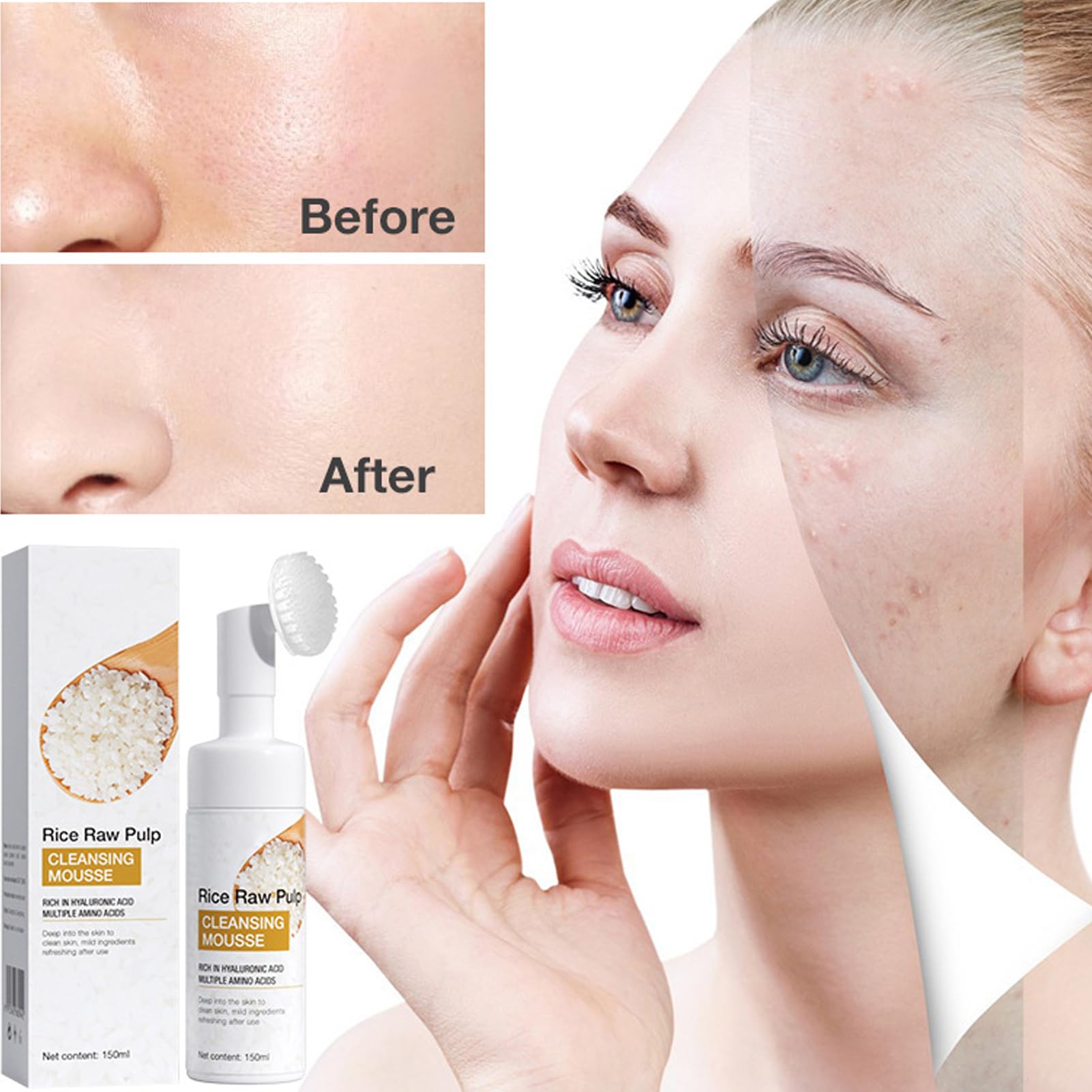 Gentle Rice Facial Cleanser with Silicone Brush - Amino Acid Foaming Face Wash for Sensitive & Acne-Prone Skin | Hydrating Daily Cleanser for Dry Skin | Perfect for Morning & Night Skincare Routine