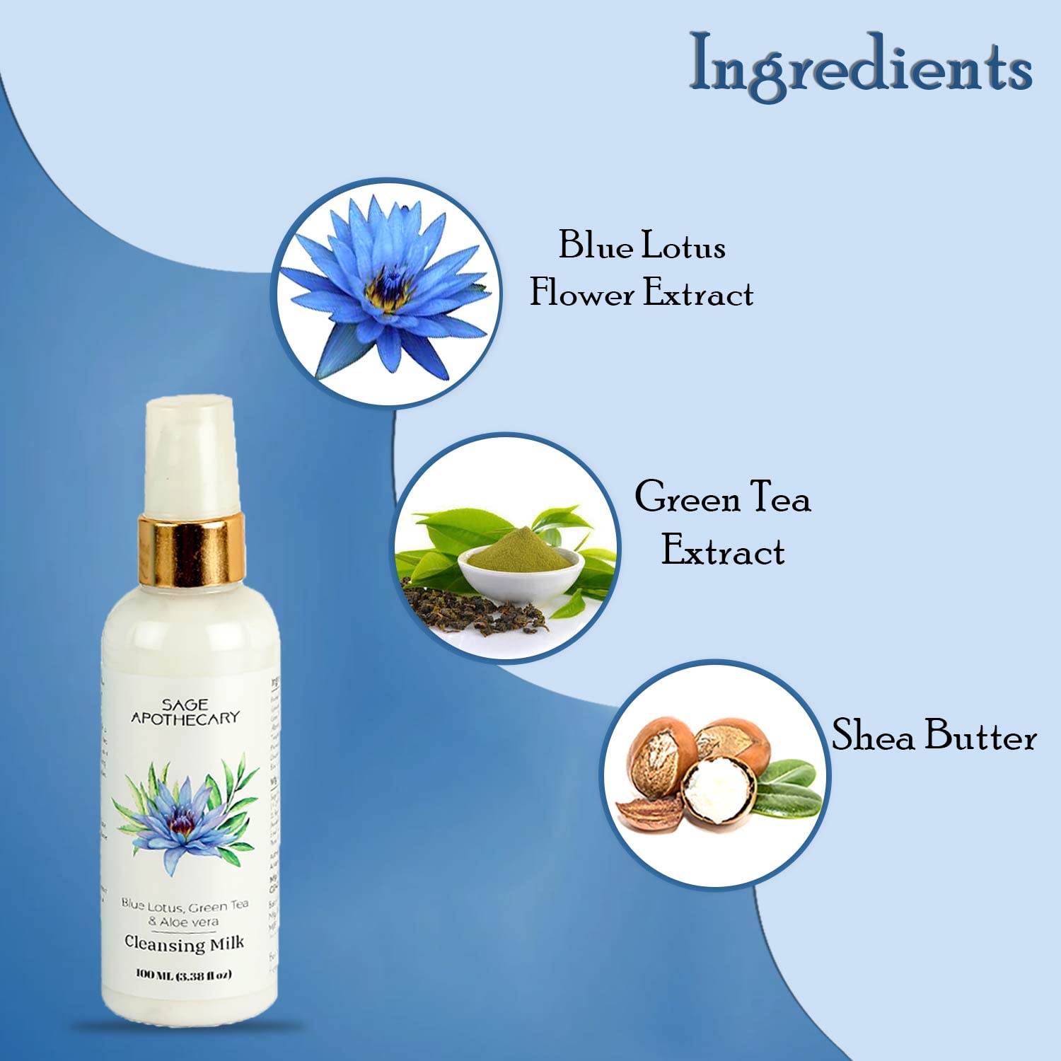 **Sage Apothecary Blue Lotus, Green Tea & Aloe Vera Cleansing Milk – Deep Pore Cleanser for Soft Skin, Makeup & Impurity Removal | 100ML Face Wash for Refreshed, Energized & Glowing Skin | Perfect for Daily Skincare & Post-Makeup Cleansing**